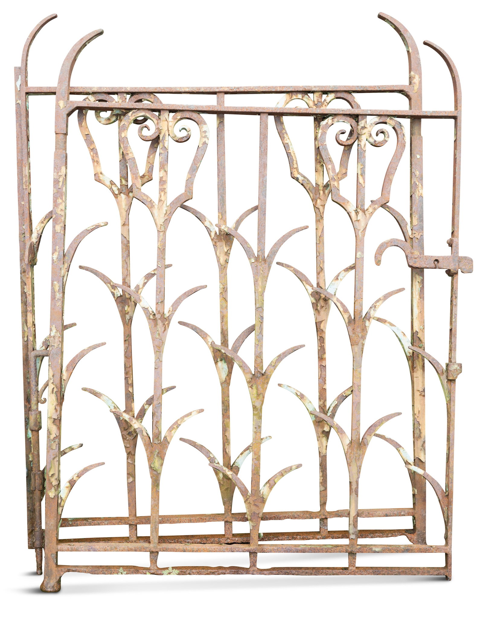 A PAIR OF CAST IRON GATES, 19th century, each with scroll-shaped tops issuing stylized palm: A PAIR OF CAST IRON GATES, 19th century, each with scroll-shaped tops issuing stylized palm supports, 154cm high, 231cm wide over handle, 6cm deep