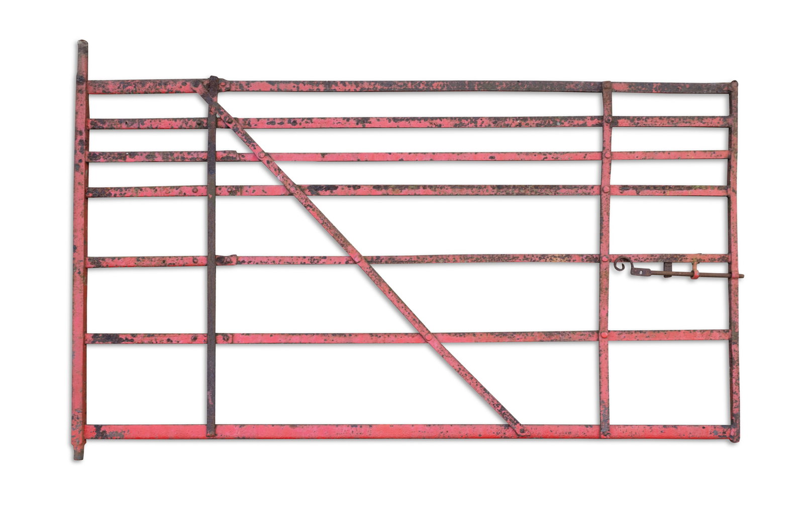A RED PAINTED WROUGHT IRON SEVEN BAR GATE BY WEXFORD FOUNDRY, with scroll latch handle. 244cm wide (1 of 2)