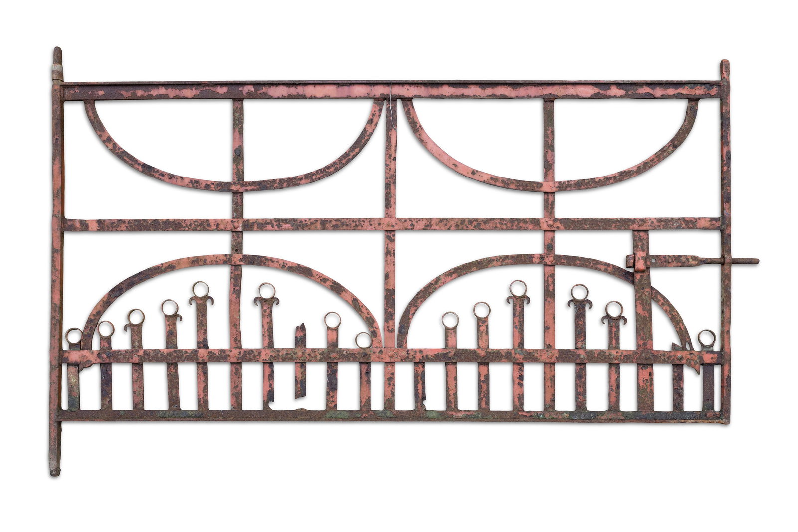A WROUGHT IRON FOUR BAR DOUBLE ARCH GATE BY WEXFORD FOUNDRY, stamped with 'W' to top bar post. (1 of 3)
