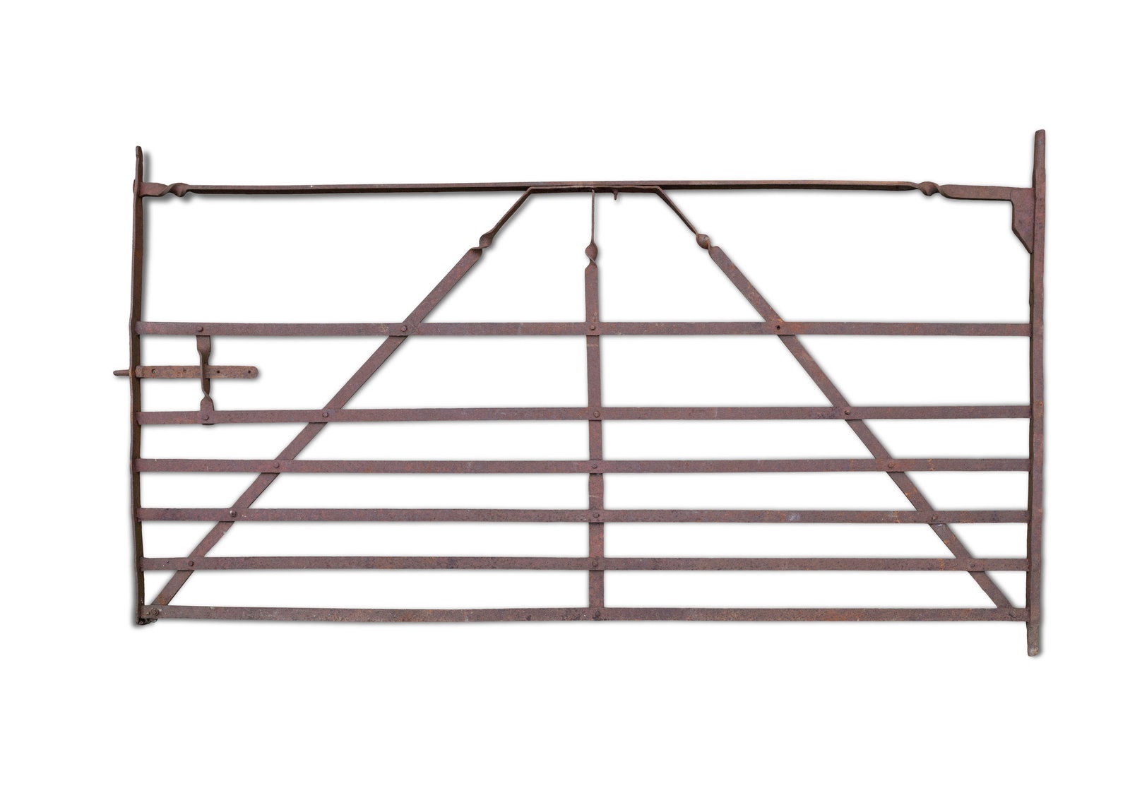 A WROUGHT IRON SEVEN BAR GATE, with scroll work detail to the top rail and cross bar. 129cm high,: A WROUGHT IRON SEVEN BAR GATE, with scroll work detail to the top rail and cross bar. 129cm high, 265cm wide
