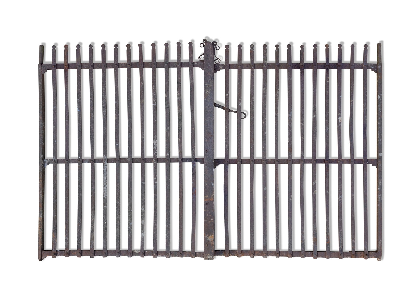 A PAIR OF TWELVE BAR WROUGHT IRON GATES, the arched central bar with scroll decoration. 107cm high, (1 of 2)