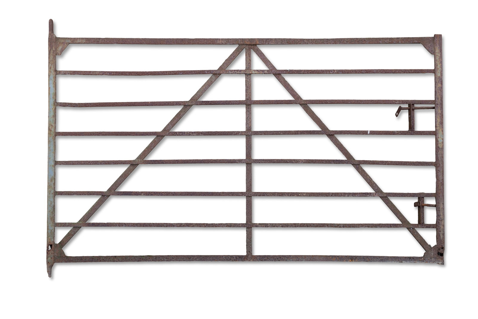 A WROUGHT IRON EIGHT BAR GATE, with crossbar and double latch. 140cm high, 257cm wide: A WROUGHT IRON EIGHT BAR GATE, with crossbar and double latch. 140cm high, 257cm wide
