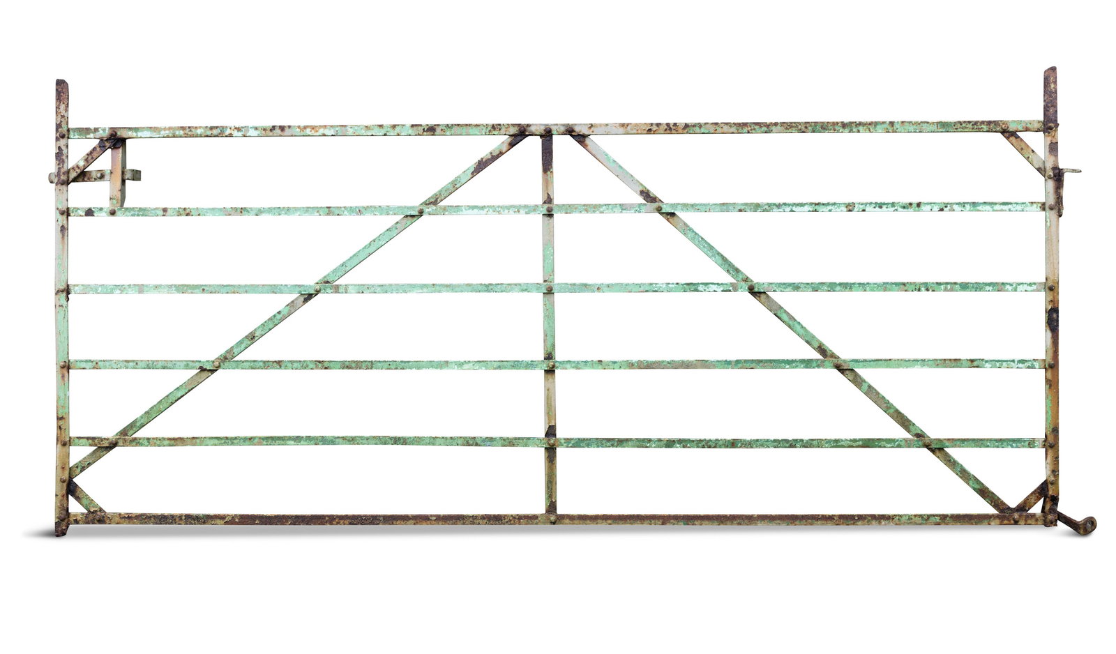 A GREEN-PAINTED CAST IRON FARMYARD GATE, of rectangular form, 130cm high, 293cm wide, 5cm deep (1 of 5)