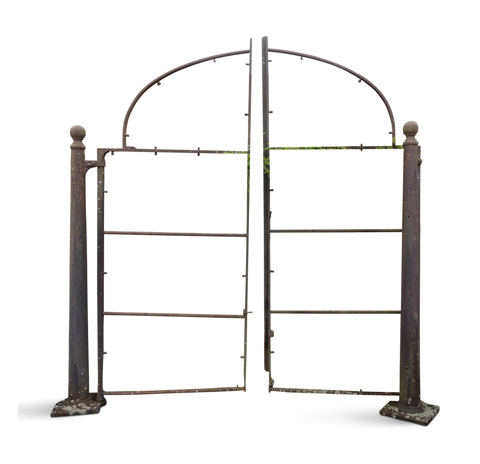 A PAIR OF CAST-IRON DOUBLE GATES, each with rounded top above rectangular sections flanked by (1 of 6)
