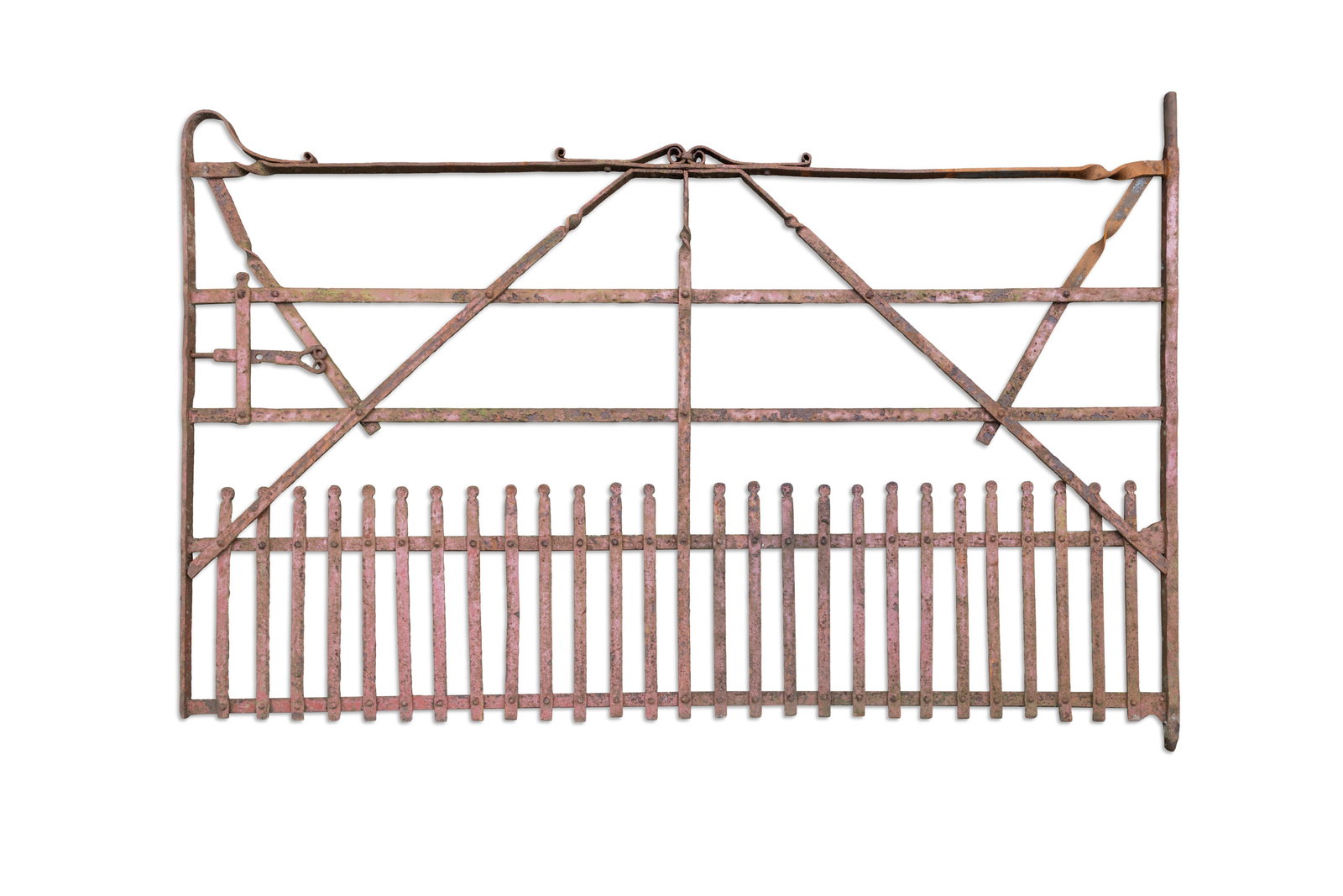 A RED PAINTED WROUGHT IRON FIVE BAR GATE, with alternating horizontal and vertical bars, the cross (1 of 3)