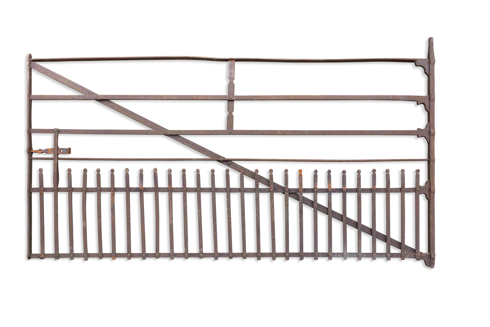 A WROUGHT IRON SIX BAR GATE, central cross bar. 138cm high x 276cm wide (1 of 2)
