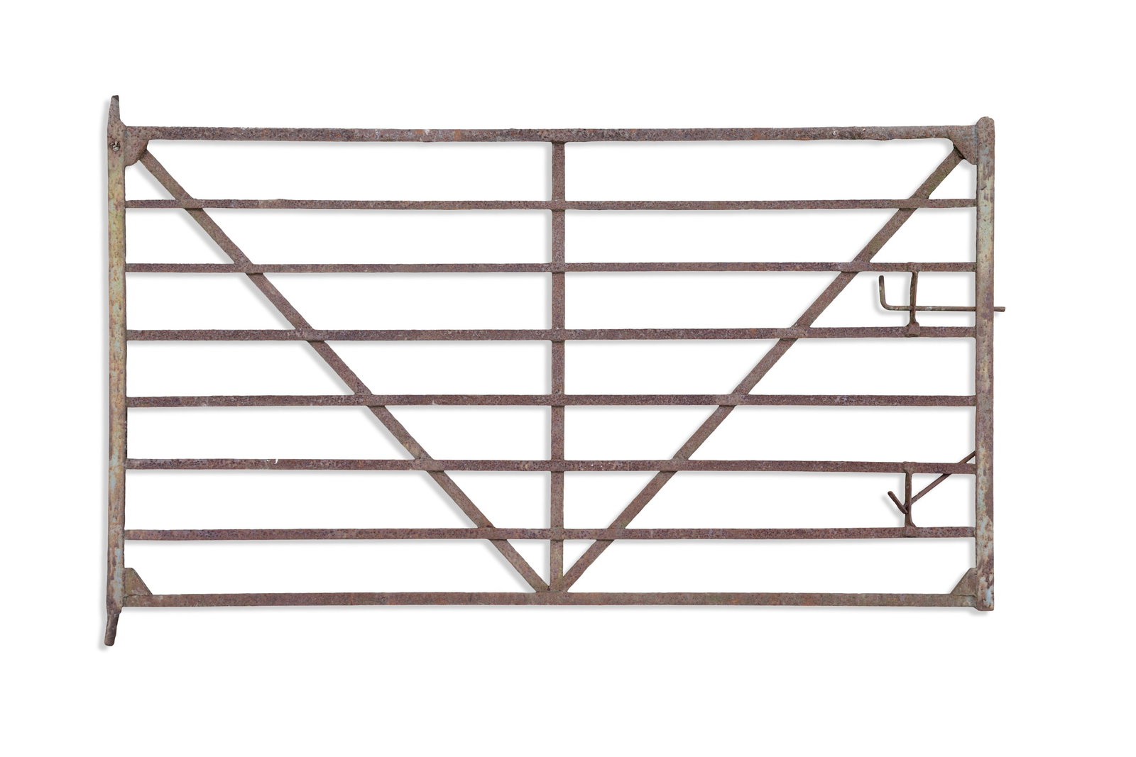 A WROUGHT IRON EIGHT BAR GATE, with double latch. 140cm high x 256cm wide: A WROUGHT IRON EIGHT BAR GATE, with double latch. 140cm high x 256cm wide