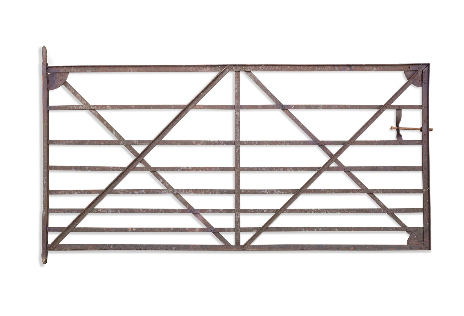 A WROUGHT IRON EIGHT BAR GATE, with x-framed crossbar. 113cm high, 275cm wide (1 of 1)