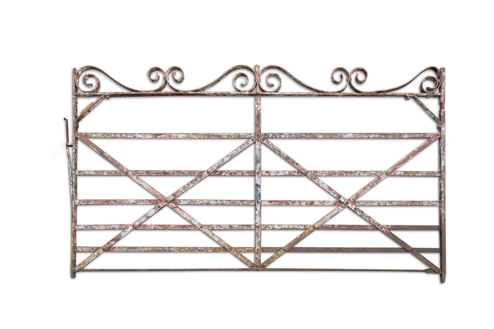 A WHITE PAINTED SEVEN BAR CAST IRON GATE BY J MCCARTHY CORK, x-framed with scrollwork top. 135cm: A WHITE PAINTED SEVEN BAR CAST IRON GATE BY J MCCARTHY CORK, x-framed with scrollwork top. 135cm high, 246cm wide
