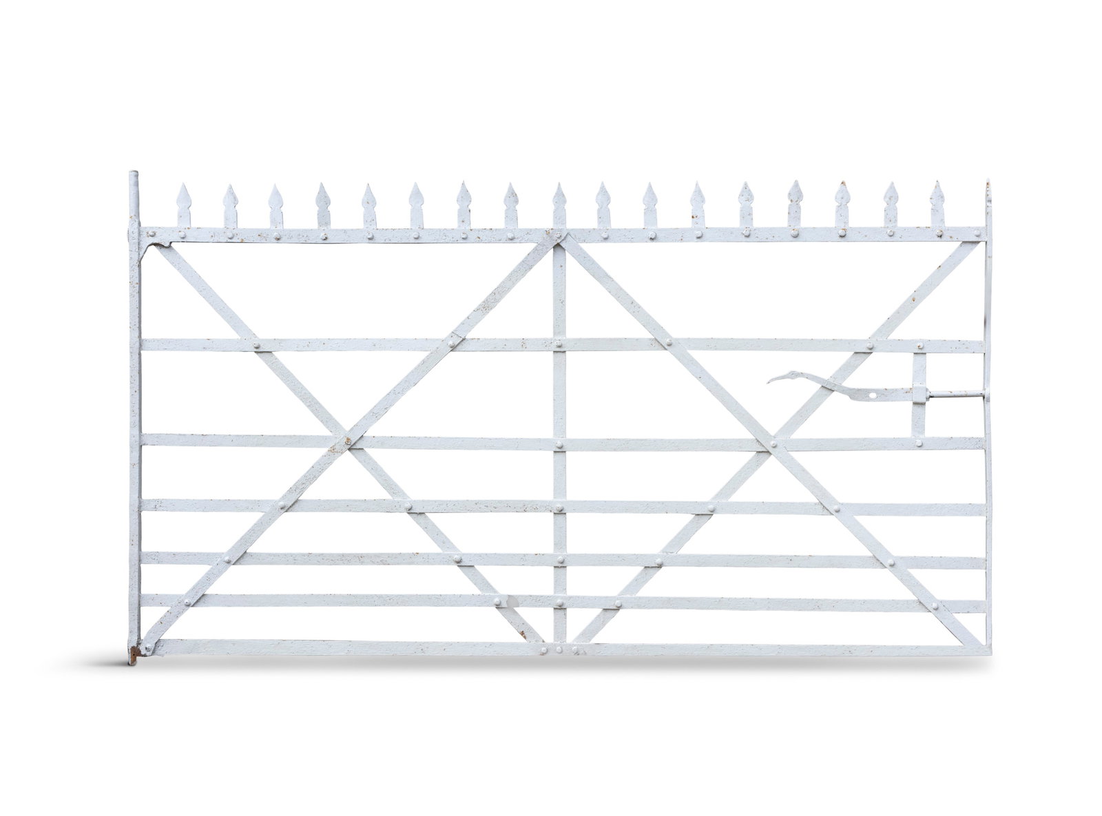 A WHITE PAINTED WROUGHT IRON SEVEN BAR GATE, 19TH CENTURY, with pointed spiked to top bar and five (1 of 3)