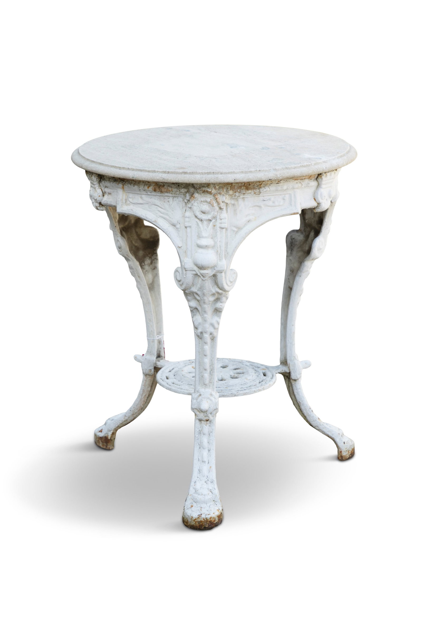 A VICTORIAN WHITE PAINTED CAST IRON MARBLE TOP GARDEN TABLE, the circular top resting on three: A VICTORIAN WHITE PAINTED CAST IRON MARBLE TOP GARDEN TABLE, the circular top resting on three classically decorated legs with under tier. 60cm diameter, 74cm high