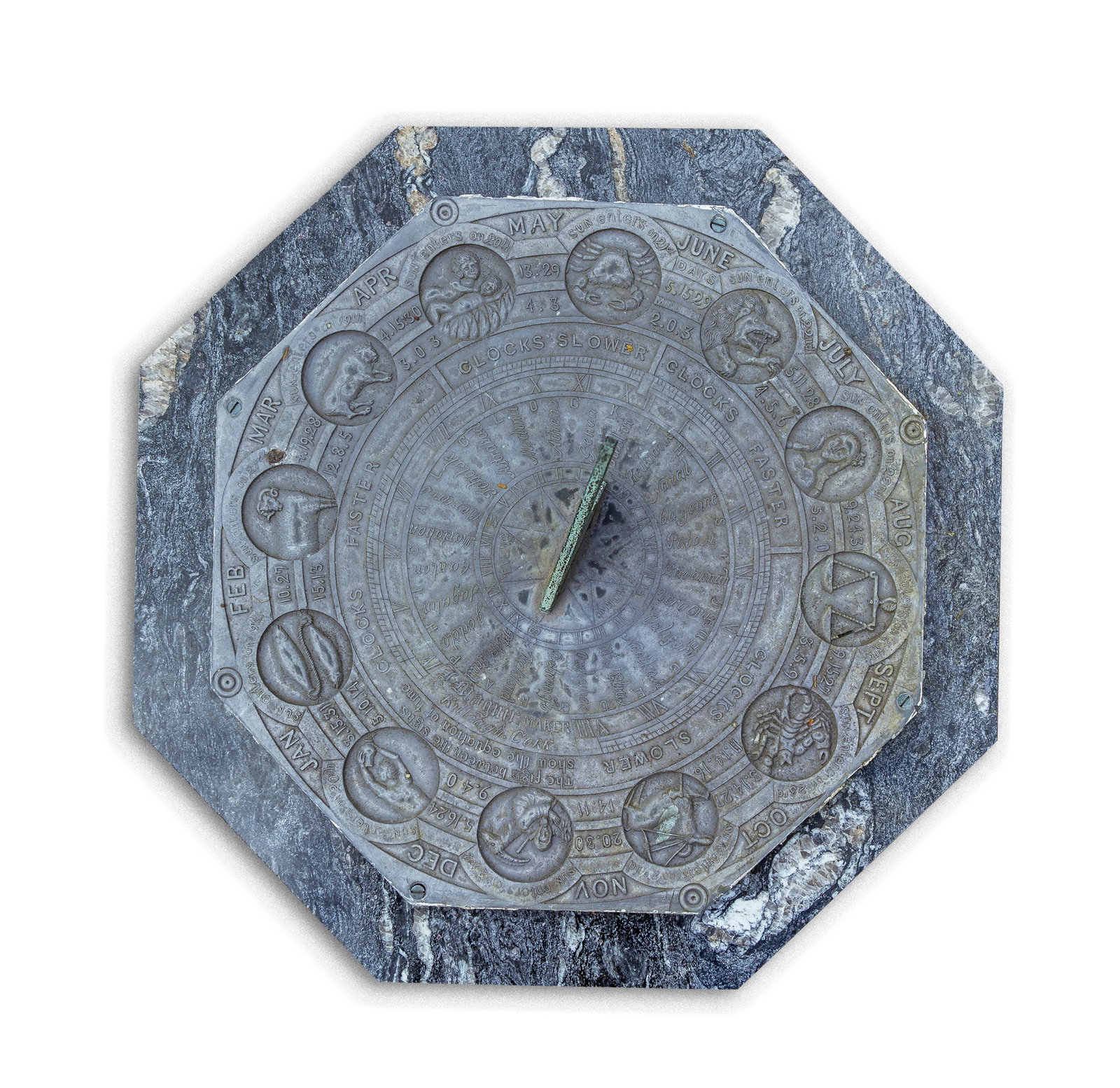 A BRONZE & SLATE SUNDIAL ON OCTAGONAL MARBLE BASE, the dial engraved with Zodiac symbols, months of (1 of 3)
