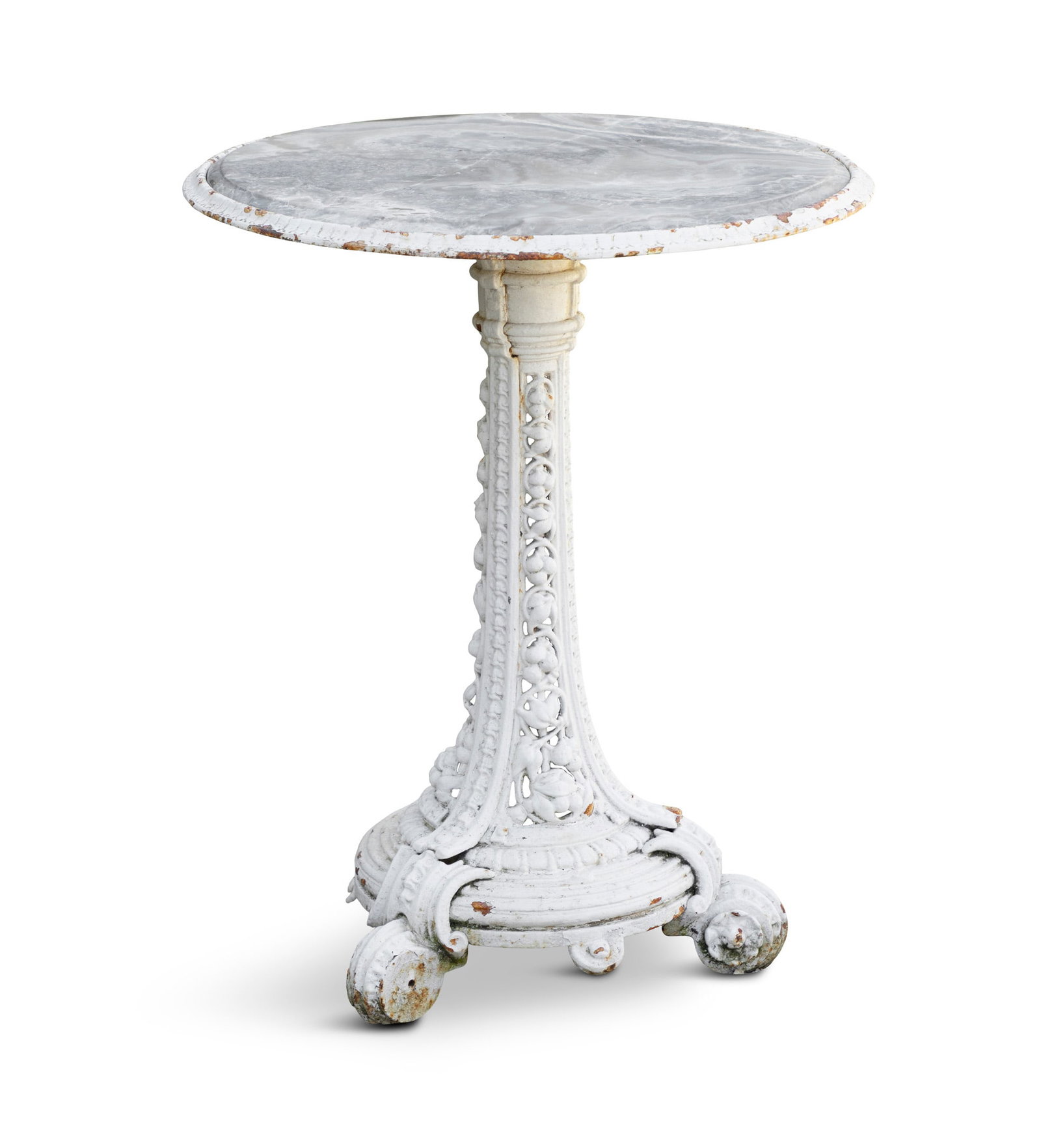 A COALBROOKDALE WHITE PAINTED CAST IRON GARDEN TABLE, the circular top insert with soapstone, (1 of 3)