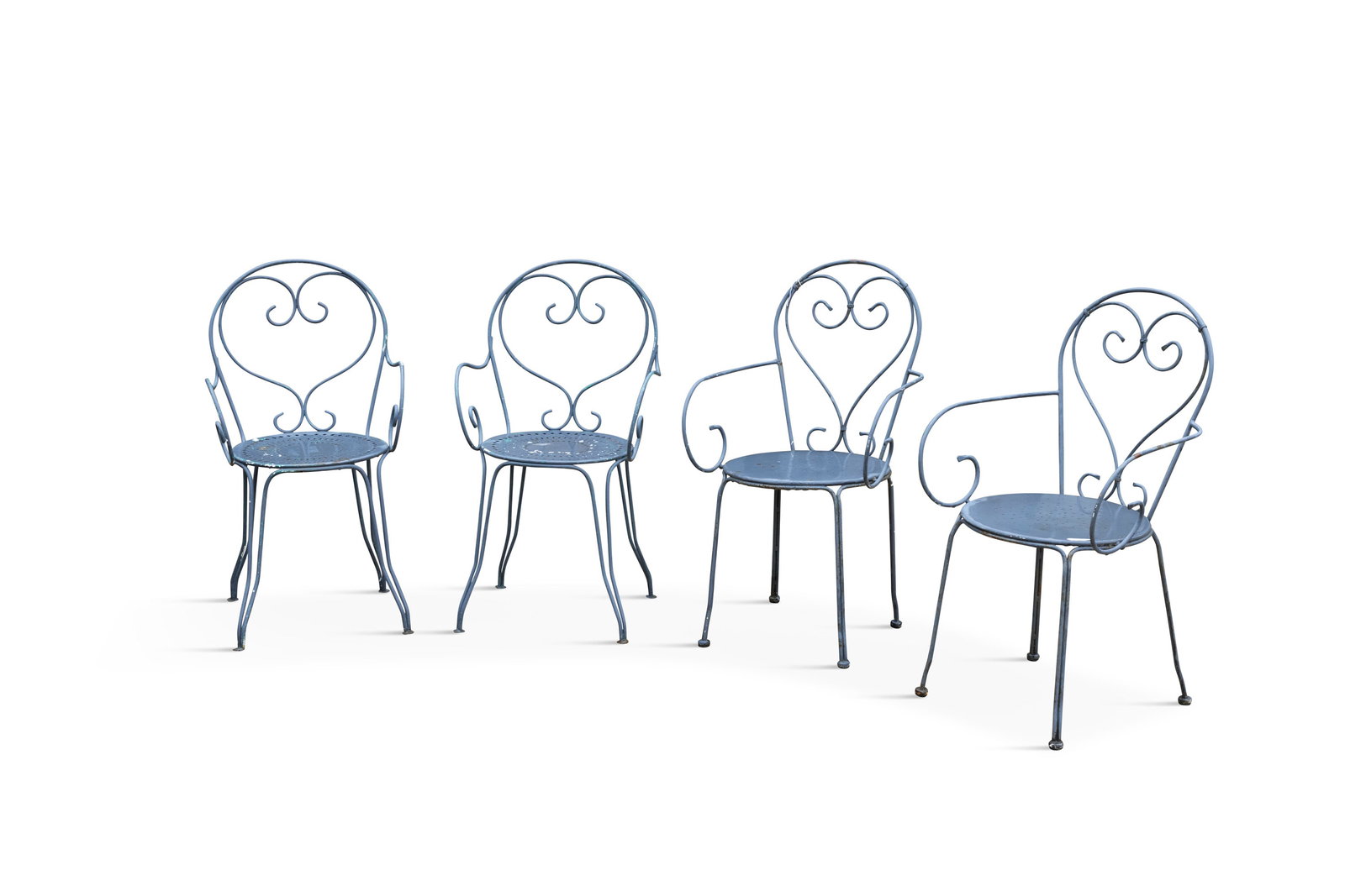A SET OF FOUR GARDEN CHAIRS, comprising of two sets of pairs, each with scroll backs and arms, with: A SET OF FOUR GARDEN CHAIRS, comprising of two sets of pairs, each with scroll backs and arms, with seats of various design on down swept legs