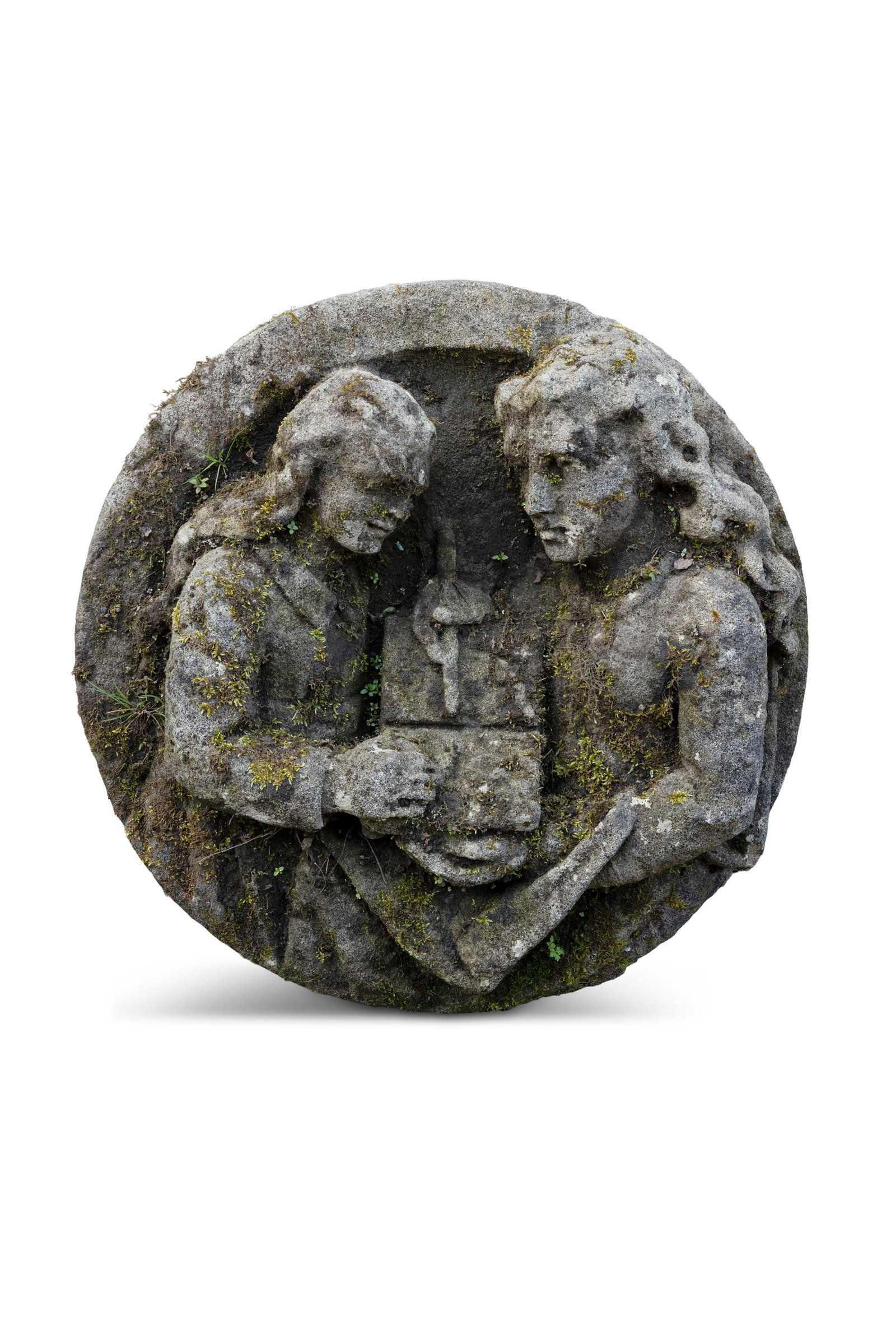 A CARVED STONE TONDO, Depicting two figures writing in a book in high relief, 81cm diameter. (1 of 1)