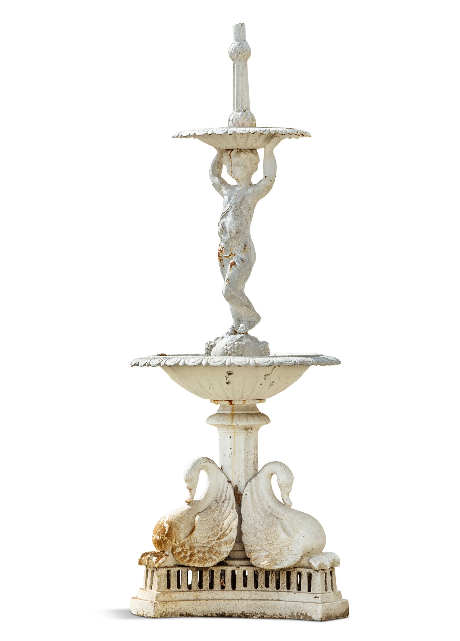 A CAST IRON WHITE PAINTED FOUNTAIN, upper basin supported by a putti, lower basin with outturned (1 of 2)