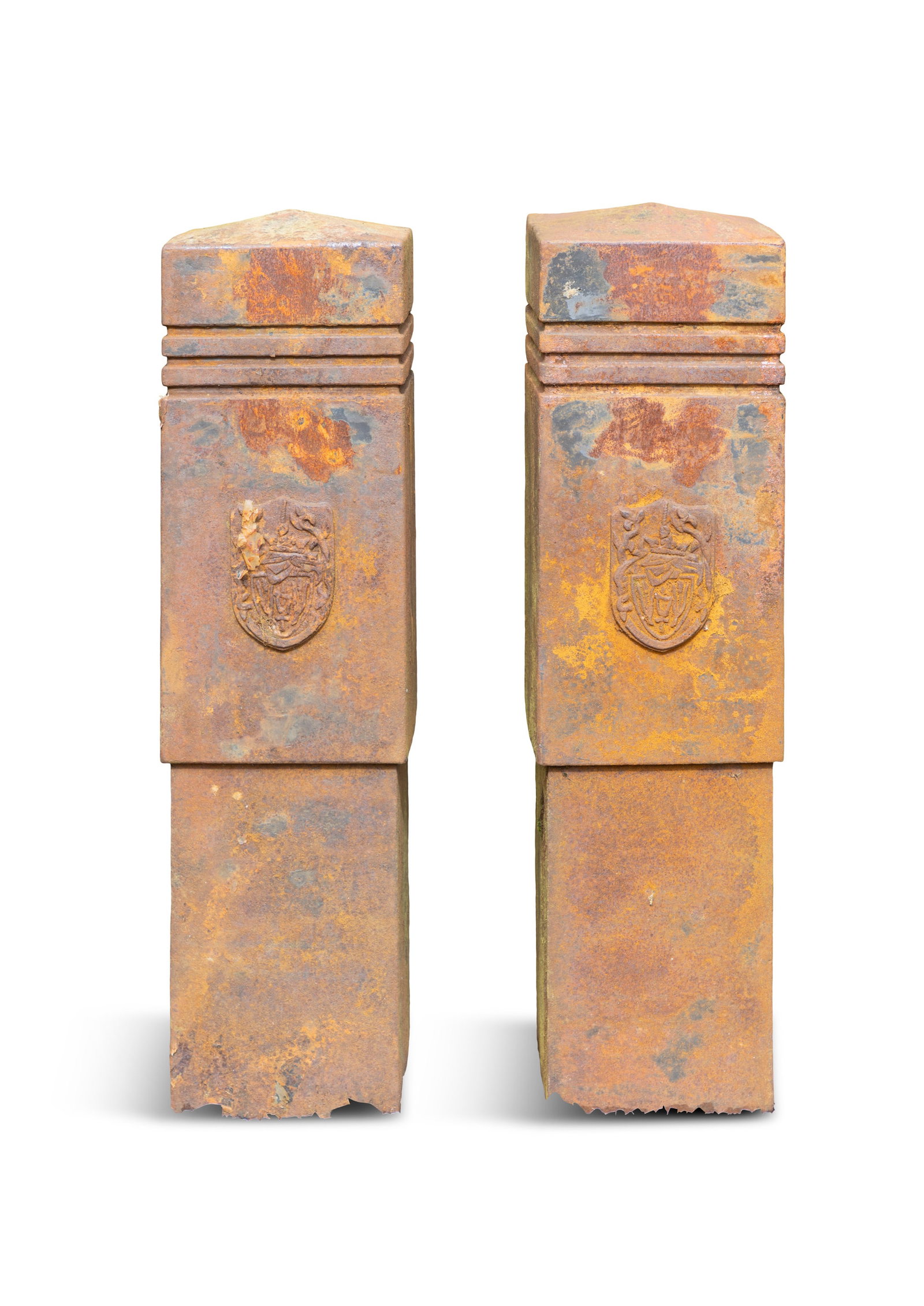 A PAIR OF IRON POSTS EACH WITH SHIELD CREST, 86cm high (1 of 3)