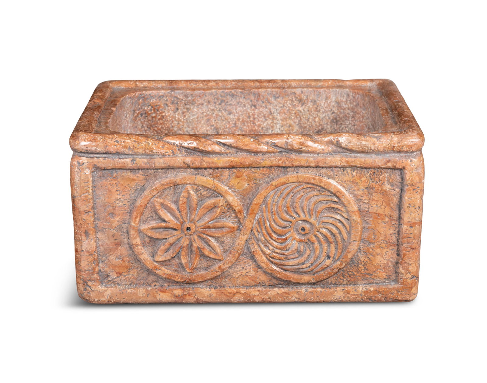 AN ITALIAN ROUGE MARBLE FONT, of rectangular form with carved medallion, 18cm high, 35cm wide, 25cm (1 of 2)
