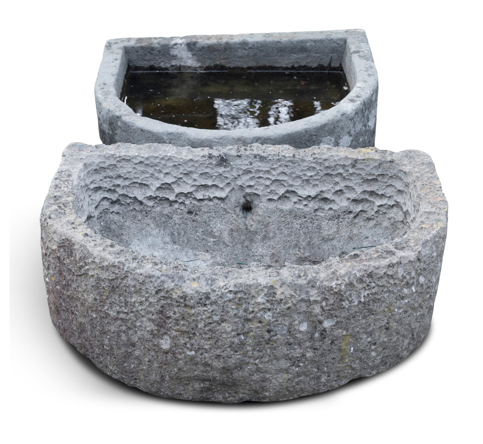 TWO IRISH CUT LIMESTONE D-SHAPED TROUGHS, One with drainage hole to the bowl, (i) 23cm high, 68cm: TWO IRISH CUT LIMESTONE D-SHAPED TROUGHS, One with drainage hole to the bowl, (i) 23cm high, 68cm long, 47cm deep (ii) 20cm high, 61cm long, 51cm deep