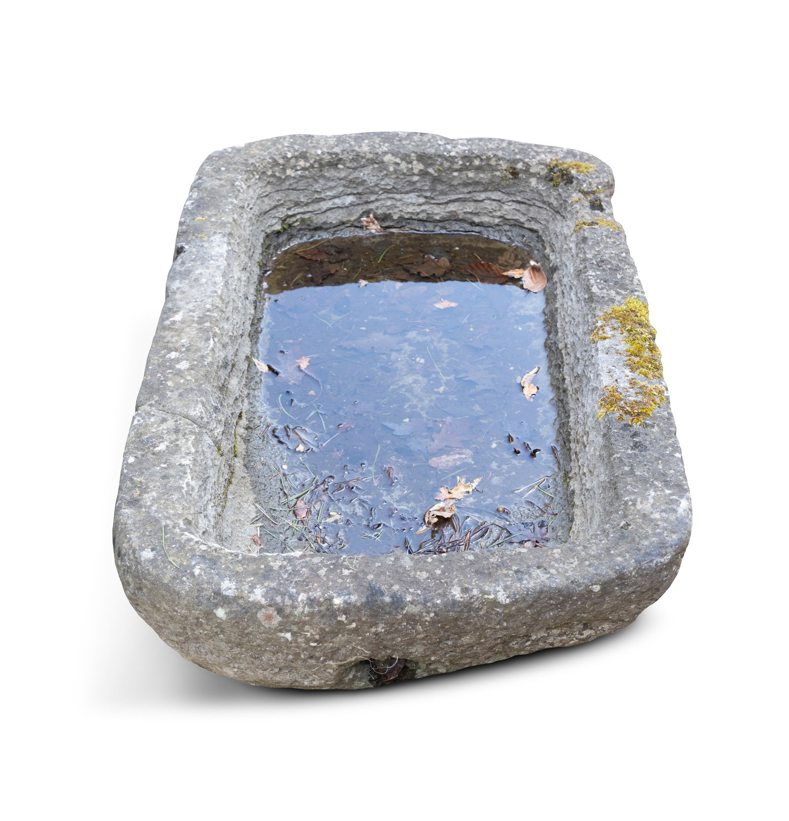 AN 18TH CENTURY CARVED LIMESTONE SHALLOW WATER TROUGH, Of rectangular form with large drainage hole (1 of 2)