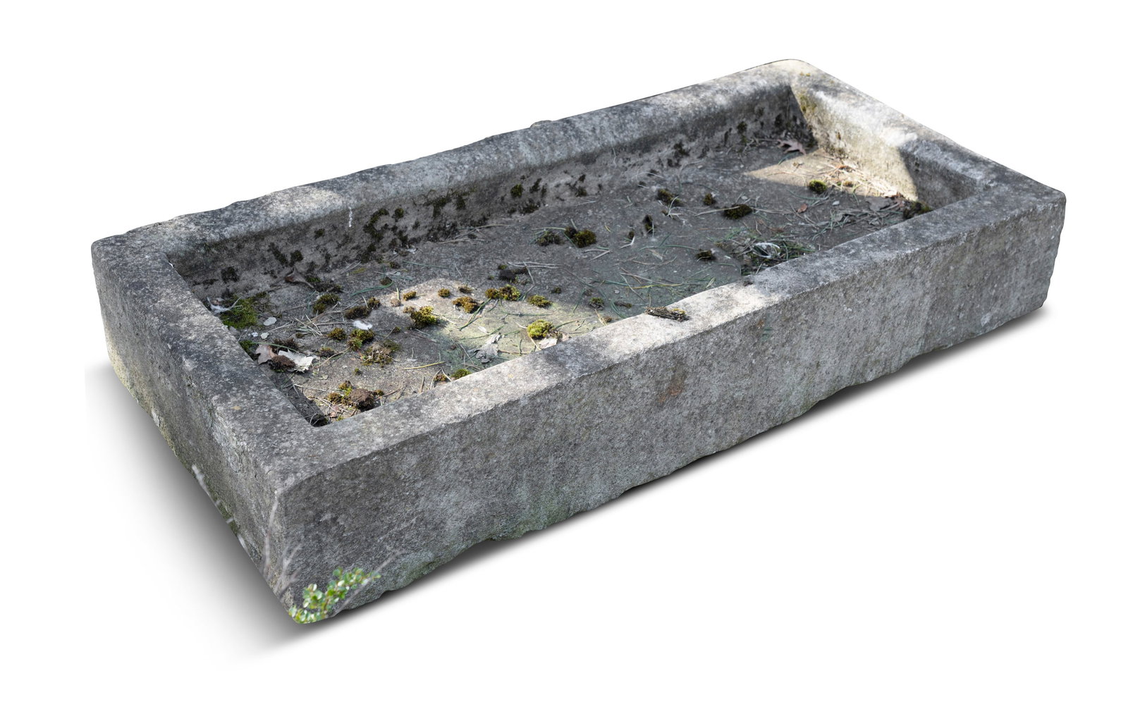 A LARGE CUT LIMESTONE RECTANGULAR TROUGH, Of shallow reserve, with drainage hole, 19cm high x (1 of 2)