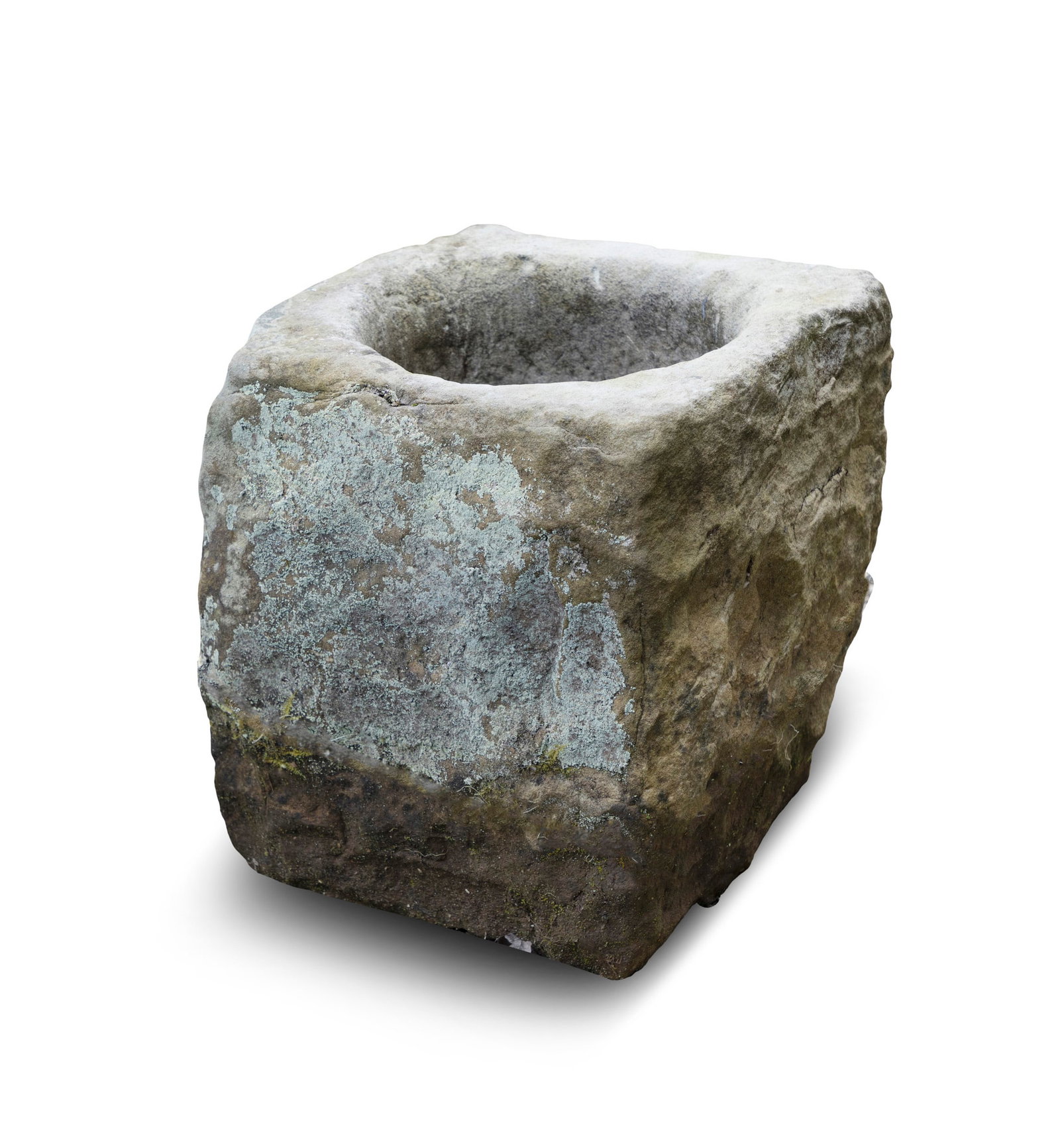 A CARVED LIMESTONE HORSE TROUGH, Of deep cavity with drainage hole to base, 48cm high x 43cm x 43cm (1 of 2)