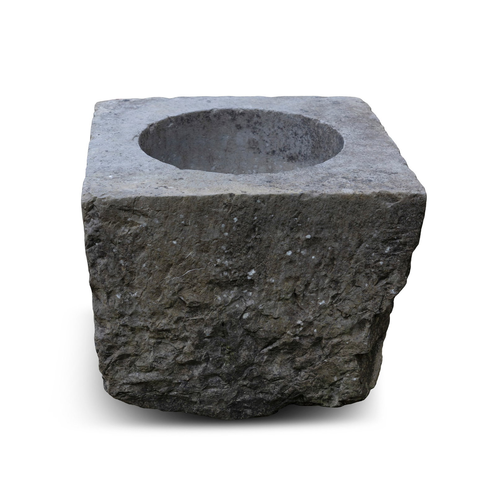 A CARVED LIMESTONE 'WINSTONE' TROUGH, Of square shape with circular reserve with drainage hole to (1 of 2)