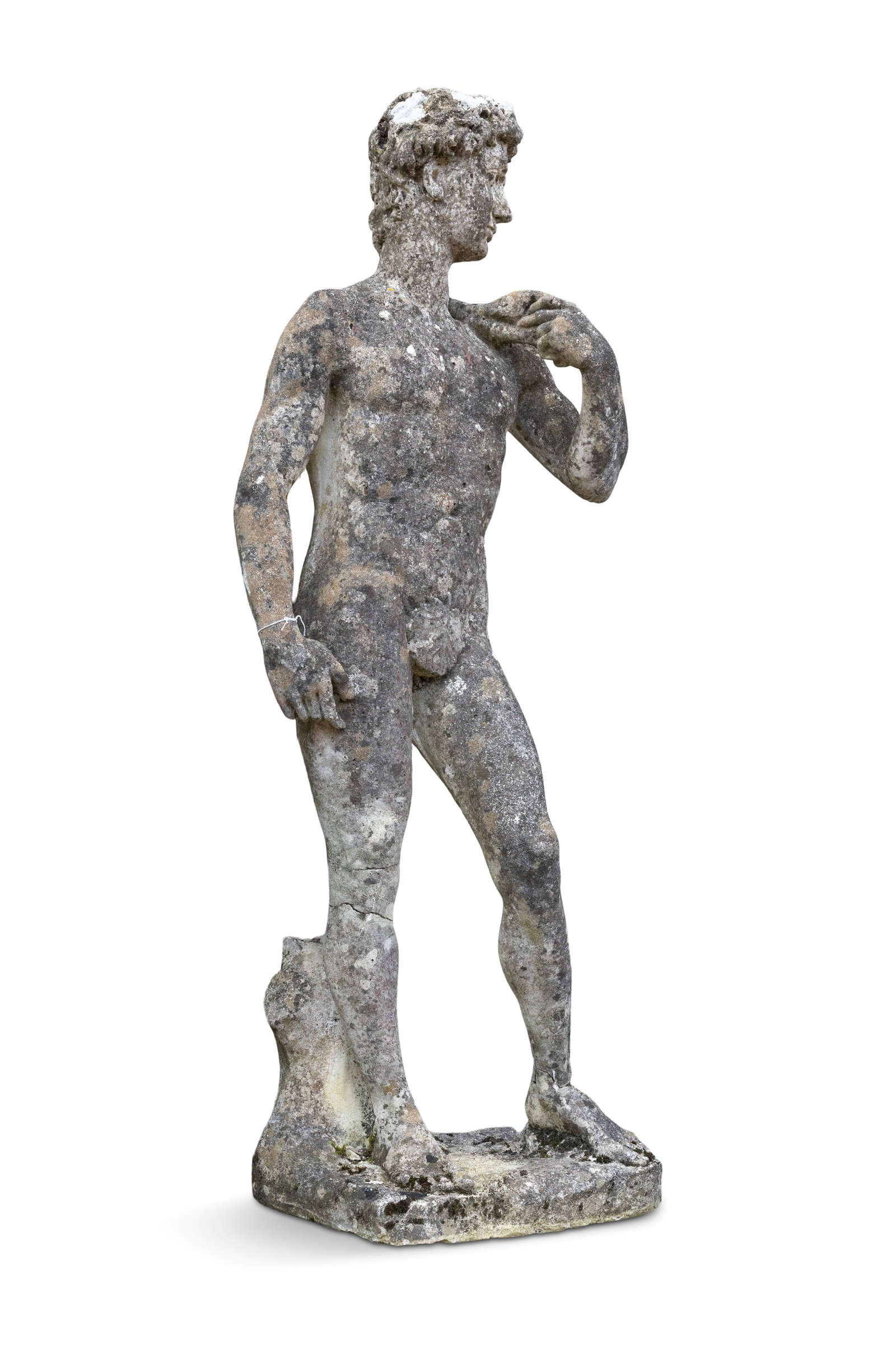 A COMPOSITE STONE FIGURE OF DAVID, after Michelangelo, on plinth base Statue; 131cm high Plinth; (1 of 2)