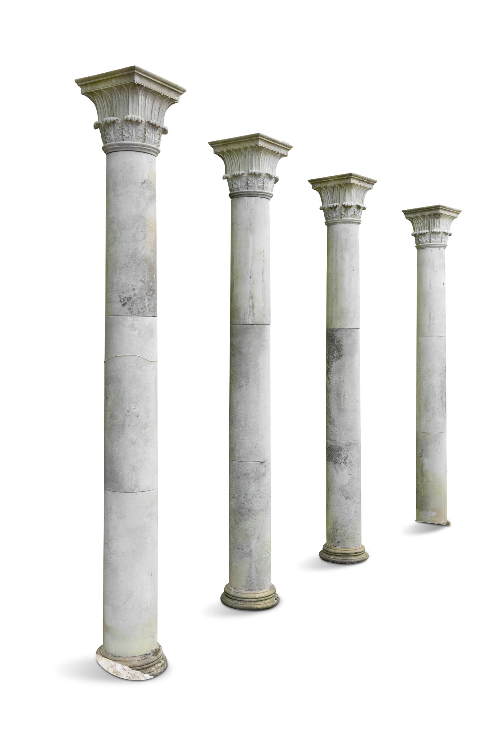 A SET OF FOUR CARVED PORTLAND STONE CORINTHIAN COLUMNS, The squared acanthus capped tops supported (1 of 3)