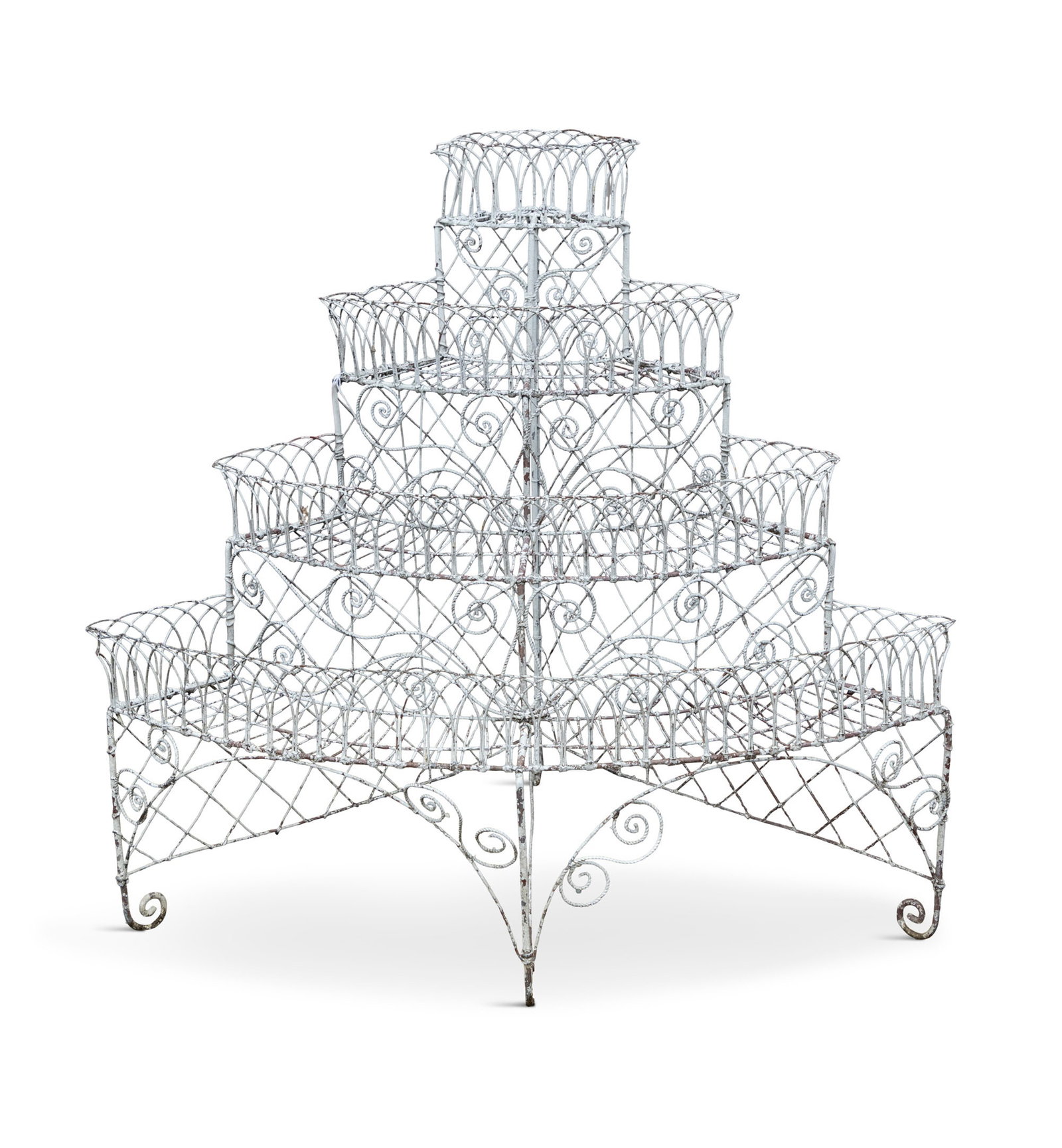 A VICTORIAN WHITE PAINTED FOUR-TIER WIRE WORK PLANT STAND, 117cm high, 87cm deep, 127cm wide (1 of 3)