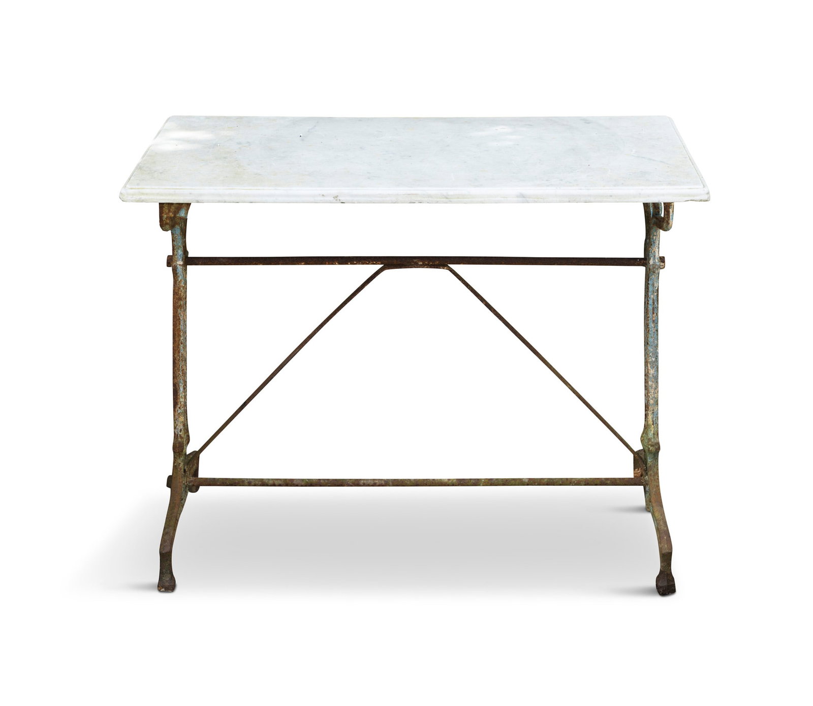 A MARBLE TOP AND CAST IRON GARDENING TABLE, the rectangular bevelled white marble top supported by (1 of 3)