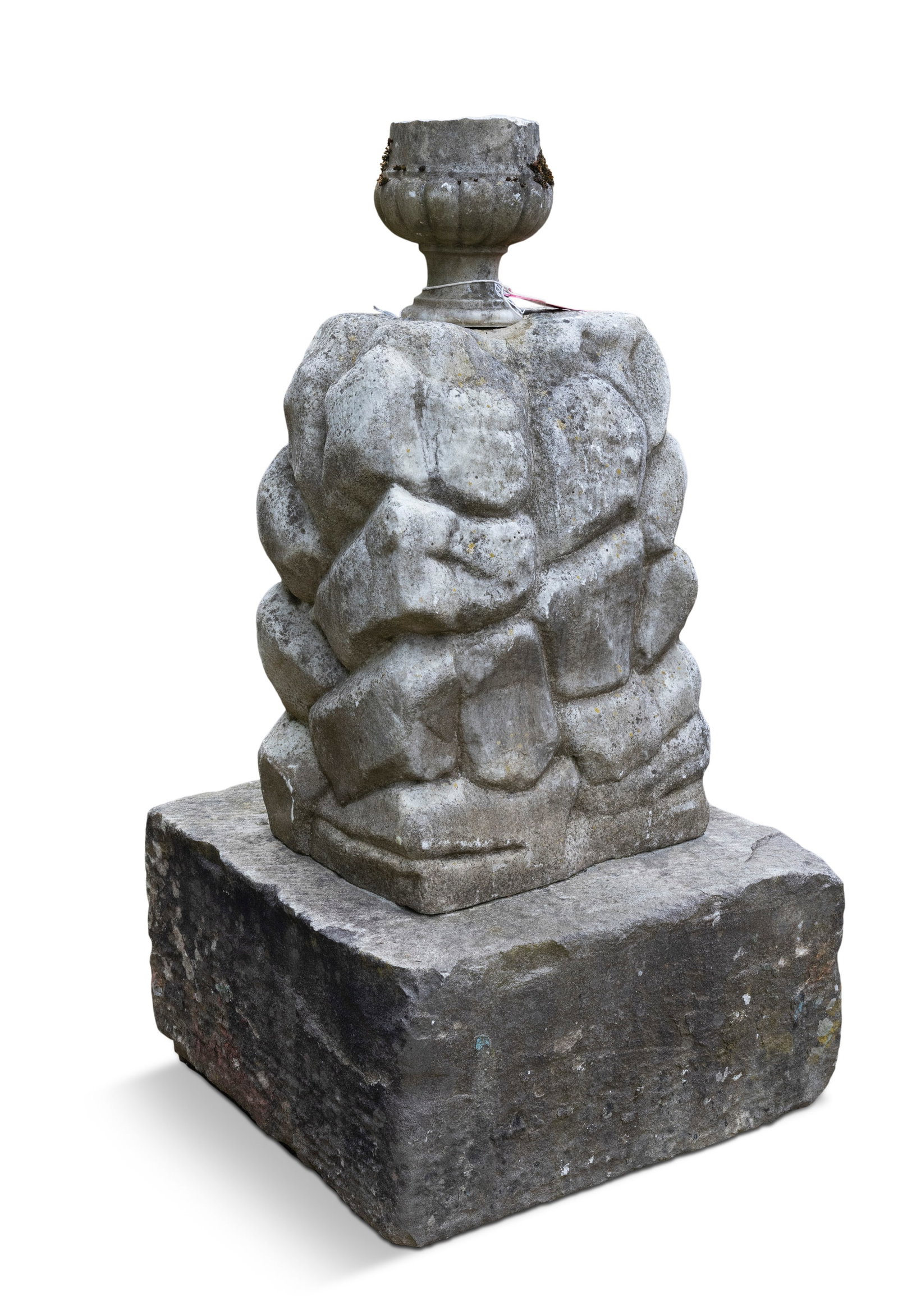 A MARBLE AND STONE FOUNTAIN, carved as an upright stone wall surmounted by a marble urn (damaged) (1 of 2)