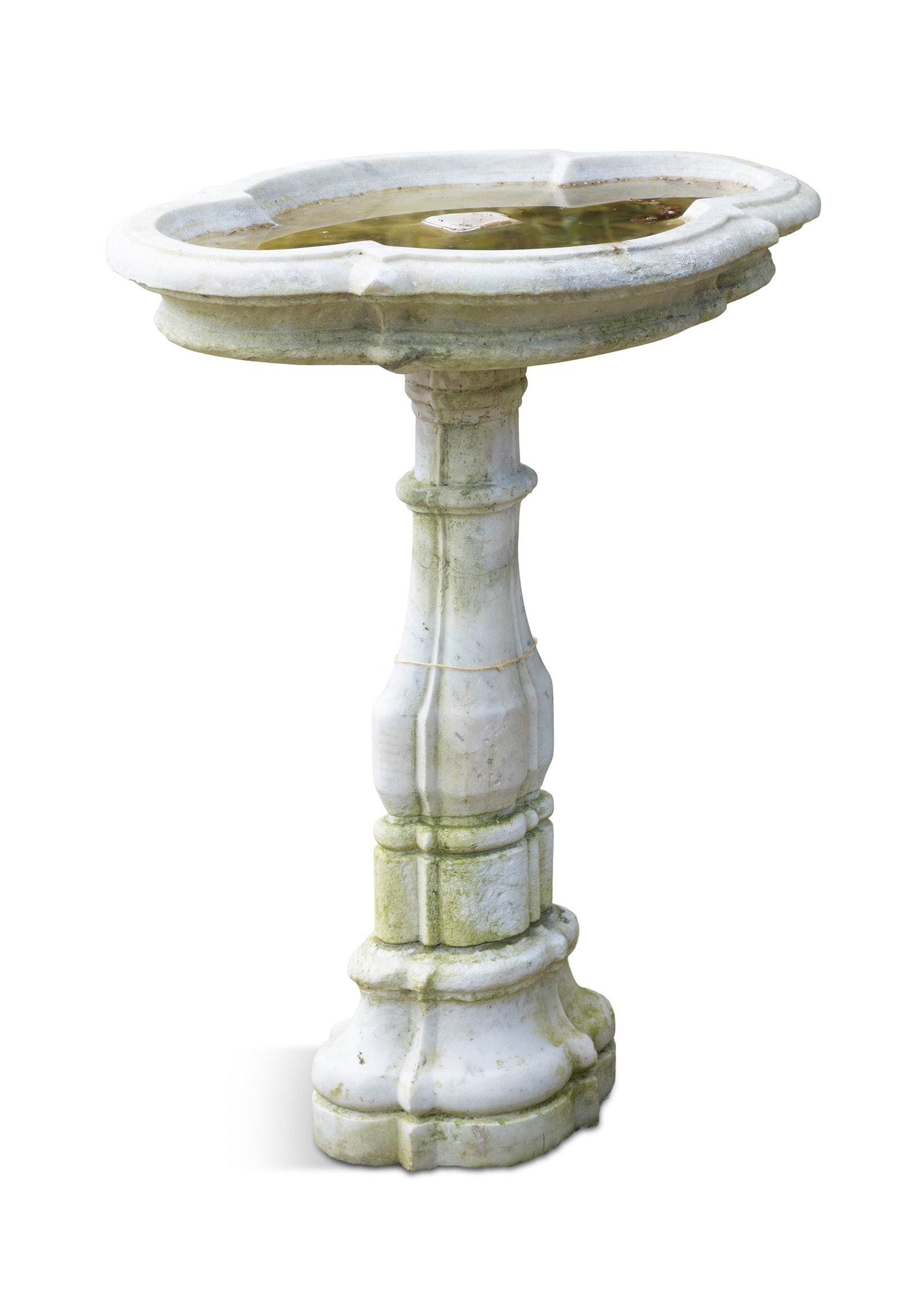 AN ITALIAN CARVED CARRARA MARBLE PEDESTAL BIRDBATH OF OGÉE FORM, 19TH CENTURY, the scalloped (1 of 3)