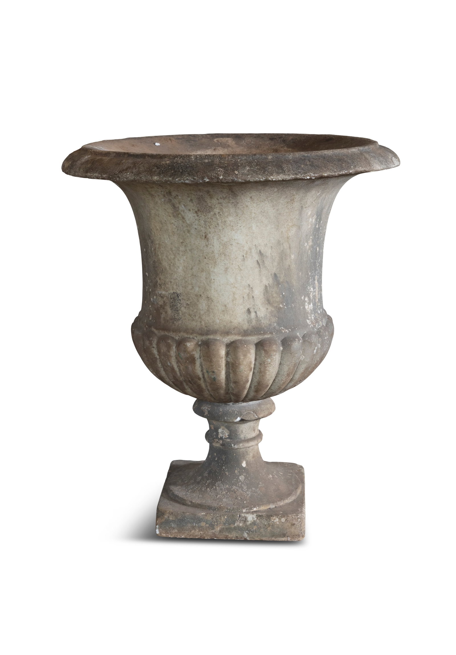 A MARBLE URN OF CAMPAGNA FORM, out turned rim, demi-fluted body on waisted socle and square (1 of 3)