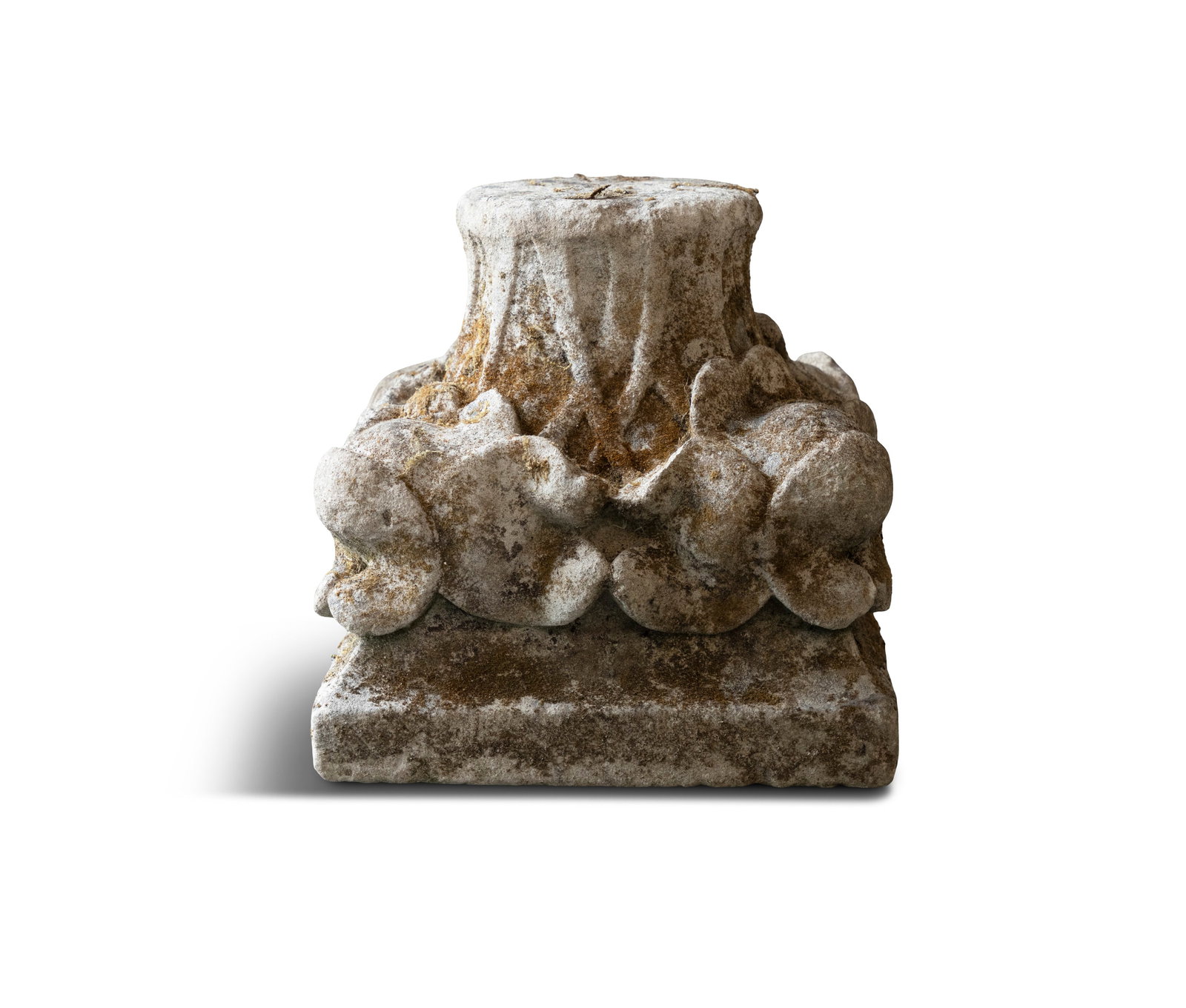 A CARVED STONE CAPITAL, 40cm high, 35 x 35cm (1 of 4)
