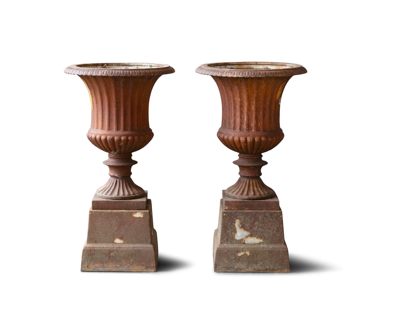 A PAIR OF CAST IRON URNS, on pedestals, Campagna form, out turned rims with egg-and-dart moulding,: A PAIR OF CAST IRON URNS, on pedestals, Campagna form, out turned rims with egg-and-dart moulding, fluted bodies, waisted socle and pedestal bases. 66cmhigh, 37cm diameter