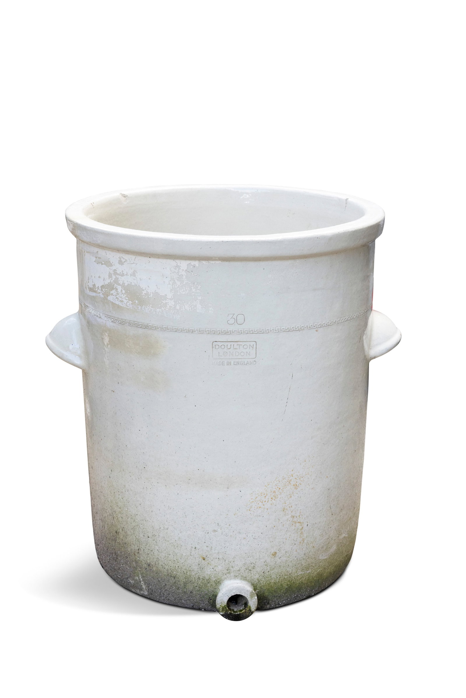 AN ENGLISH DOULTON GLAZED STONEWARE PLANTER, formerly a water filter jar, with side carrying (1 of 2)