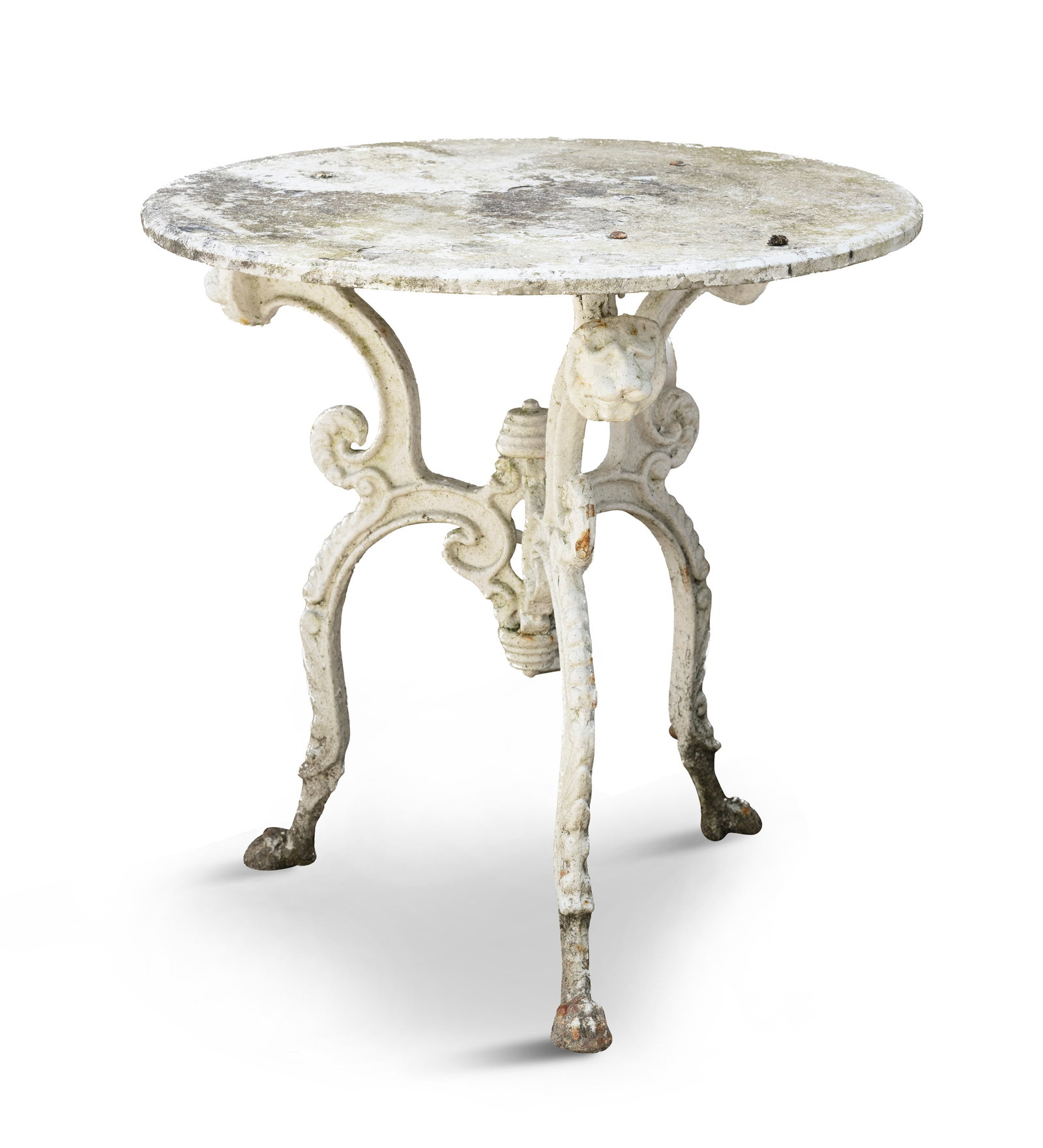 A VICTORIAN WHITE PAINTED CAST IRON GARDEN TABLE, The three legs cast with lion masks and paw feet. (1 of 2)