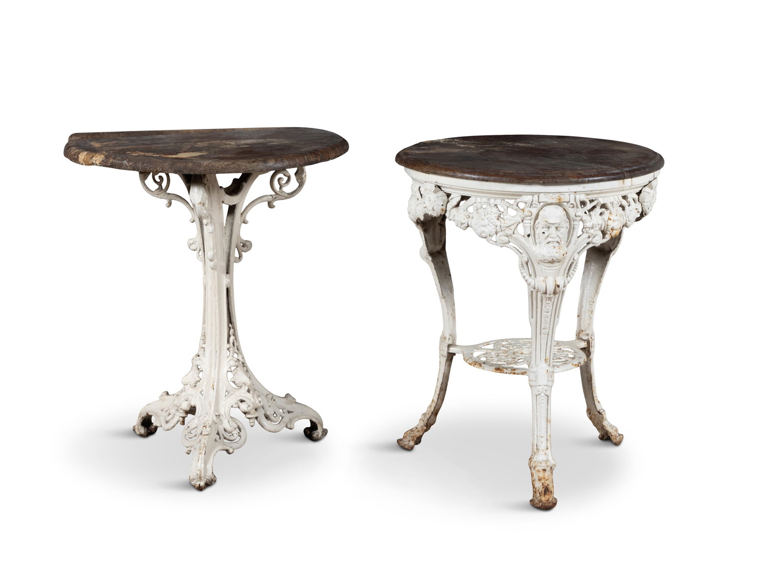 TWO WHITE-PAINTED CAST IRON GARDEN TABLES, Each with tripod legs, approx. 74cm high, 60cm wide: TWO WHITE-PAINTED CAST IRON GARDEN TABLES, Each with tripod legs, approx. 74cm high, 60cm wide Provenance: Private Collection, Dublin.