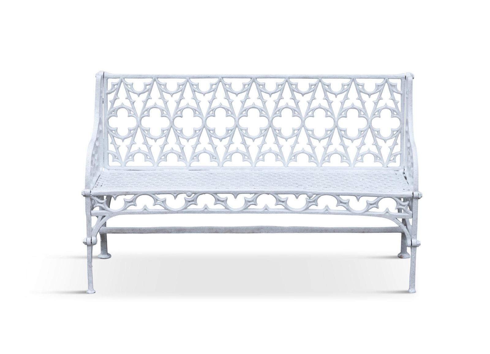A PAIR OF CAST IRON GOTHIC STYLE GARDEN BENCHES trefoil pattern backs and honeycomb seats, (1 of 2)