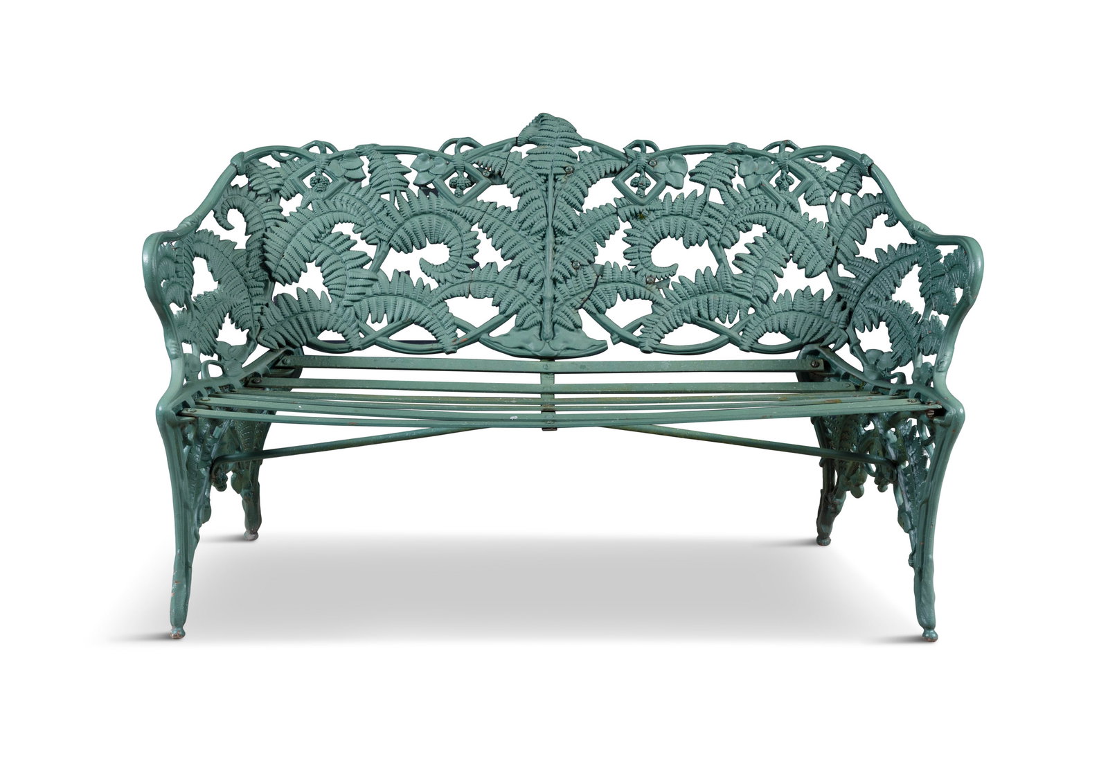 A GREEN PAINTED CAST IRON GARDEN BENCH, the pierced back decorated with fern leaves composition,: A GREEN PAINTED CAST IRON GARDEN BENCH, the pierced back decorated with fern leaves composition, with curved arm rests, iron slatted seat. 90.5cm high, 128cm wide, seat: 43cm high