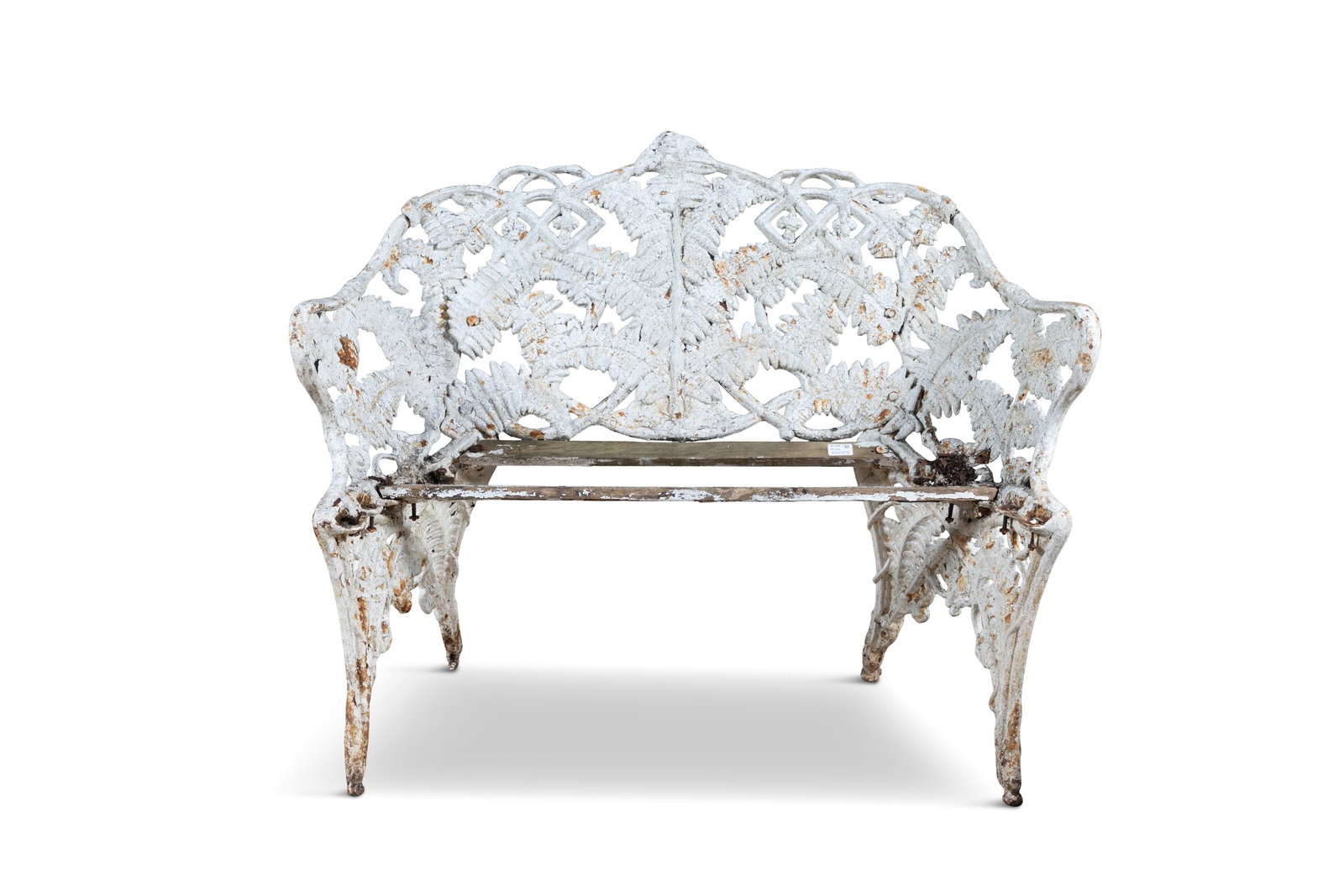 A COALBROOKDALE STYLE FERN PATTERN CAST IRON GARDEN BENCH of compact proportions, with slatted (1 of 3)