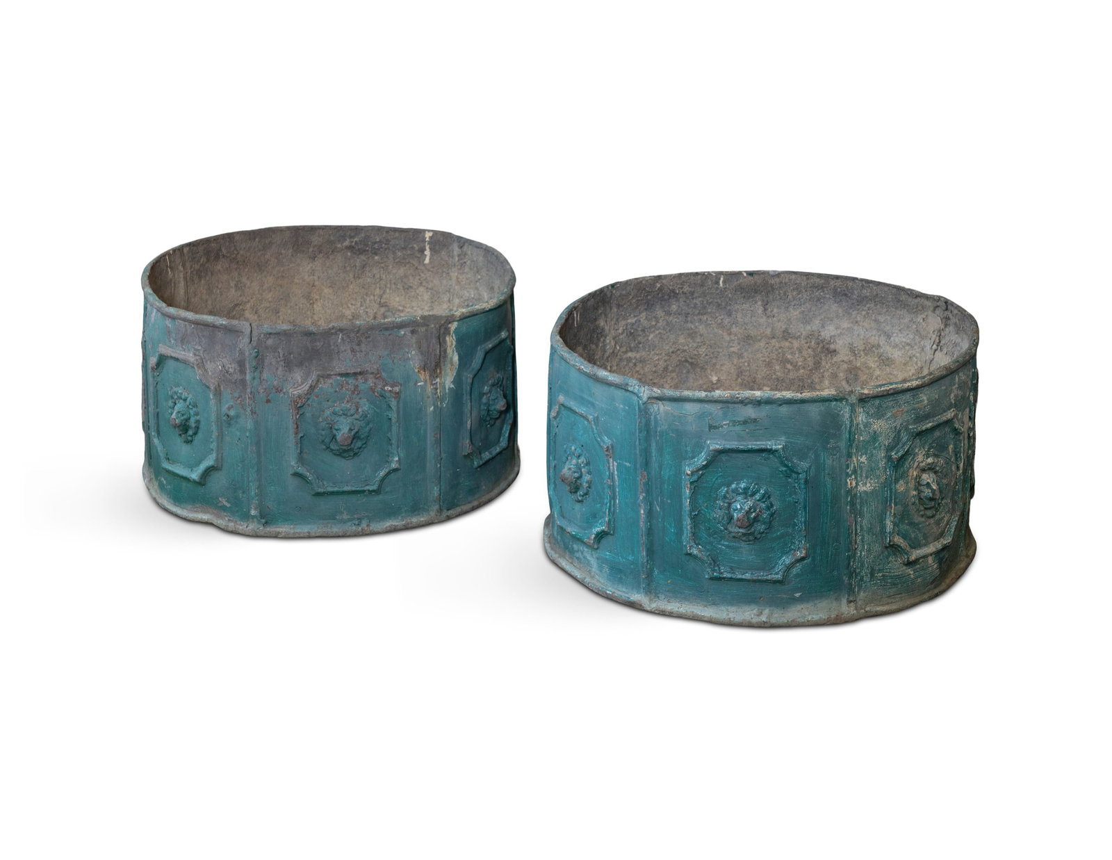 A PAIR OF LEAD PLANTERS, circular form, green painted, the bodies decorated with cartouches, (1 of 3)
