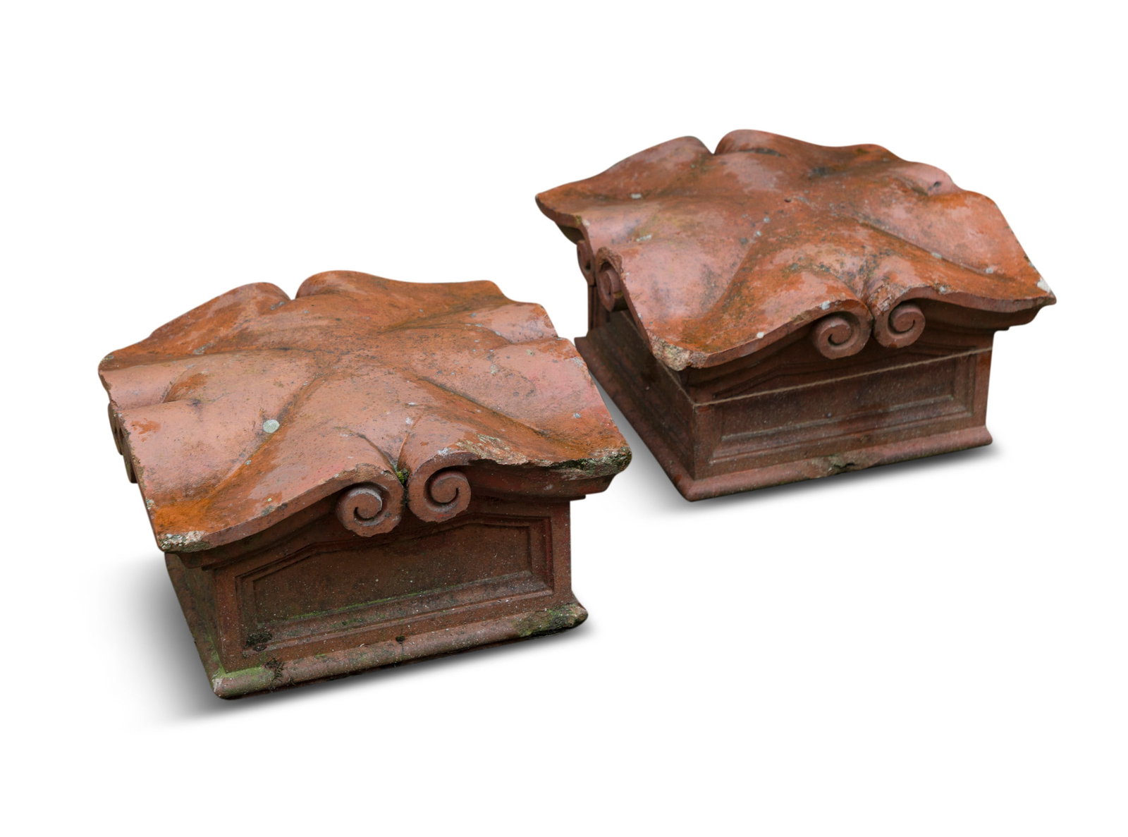 TWO TERRACOTTA PILLAR CAPS, 27cm high x 48cm x 48cm (1 of 2)