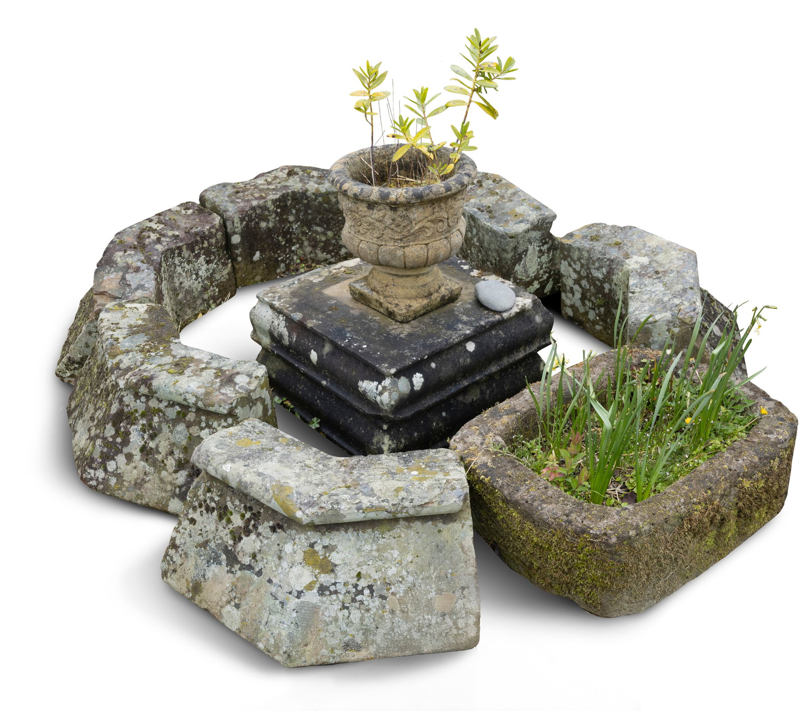 AN OCTAGONAL-SHAPED STONE PART WATER FOUNTAIN SURROUND, 19th century, comprising of six sections: AN OCTAGONAL-SHAPED STONE PART WATER FOUNTAIN SURROUND, 19th century, comprising of six sections with shaped moulded top with splayed base, approximately 153cm diameter, each section: 33cm high, c.72c