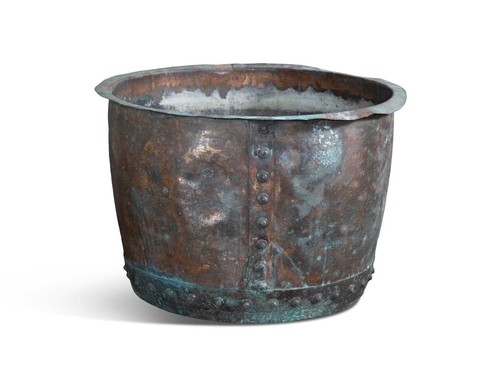 A LARGE COPPER PLANTER, Of cylindrical form, with studding. 47cm high, 70m diameter (1 of 3)