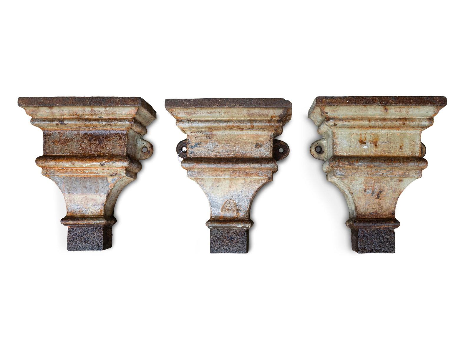 A SET OF THREE VICTORIAN CAST IRON HOPPERS, 42cm high: A SET OF THREE VICTORIAN CAST IRON HOPPERS, 42cm high