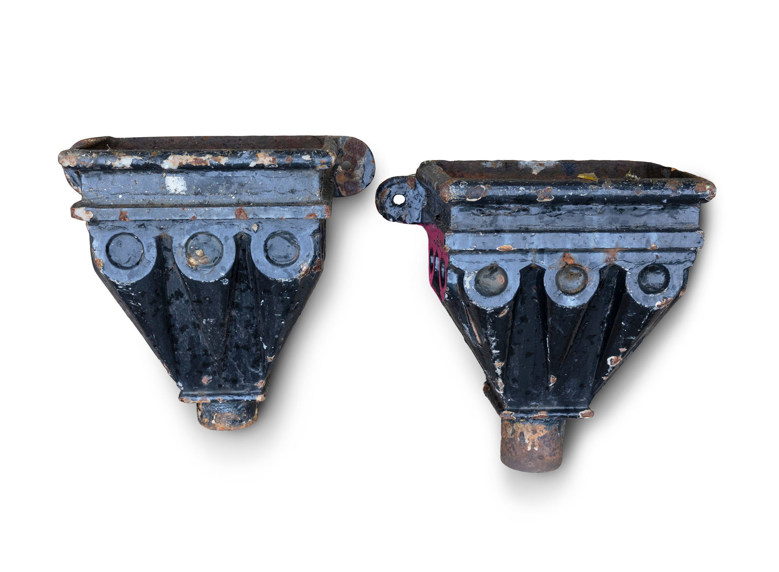 A SET OF BLACK PAINTED CAST IRON HOPPERS, c. 32cm high excl. insert (1 of 2)