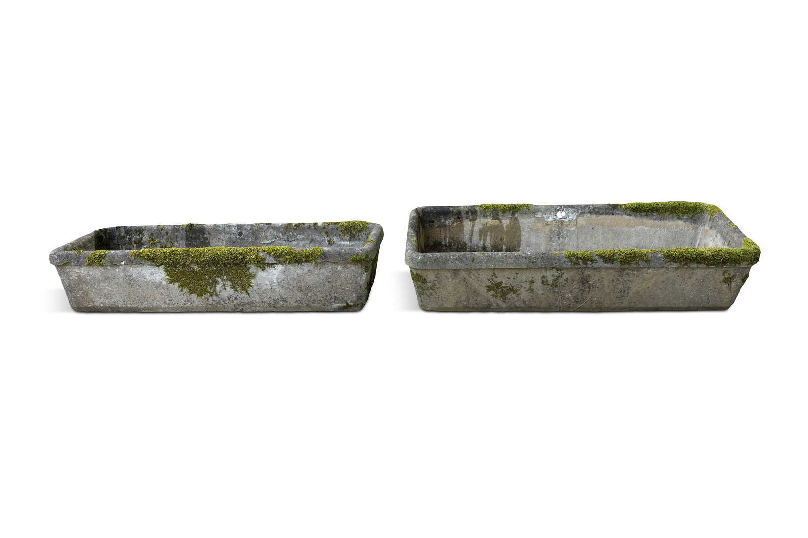 A PAIR OF LARGE COMPOSITE STONE TROUGHS, With drainage hole to base, and likely once wall mounted,: A PAIR OF LARGE COMPOSITE STONE TROUGHS, With drainage hole to base, and likely once wall mounted, 30cm high, 134cm long, 60cm wide