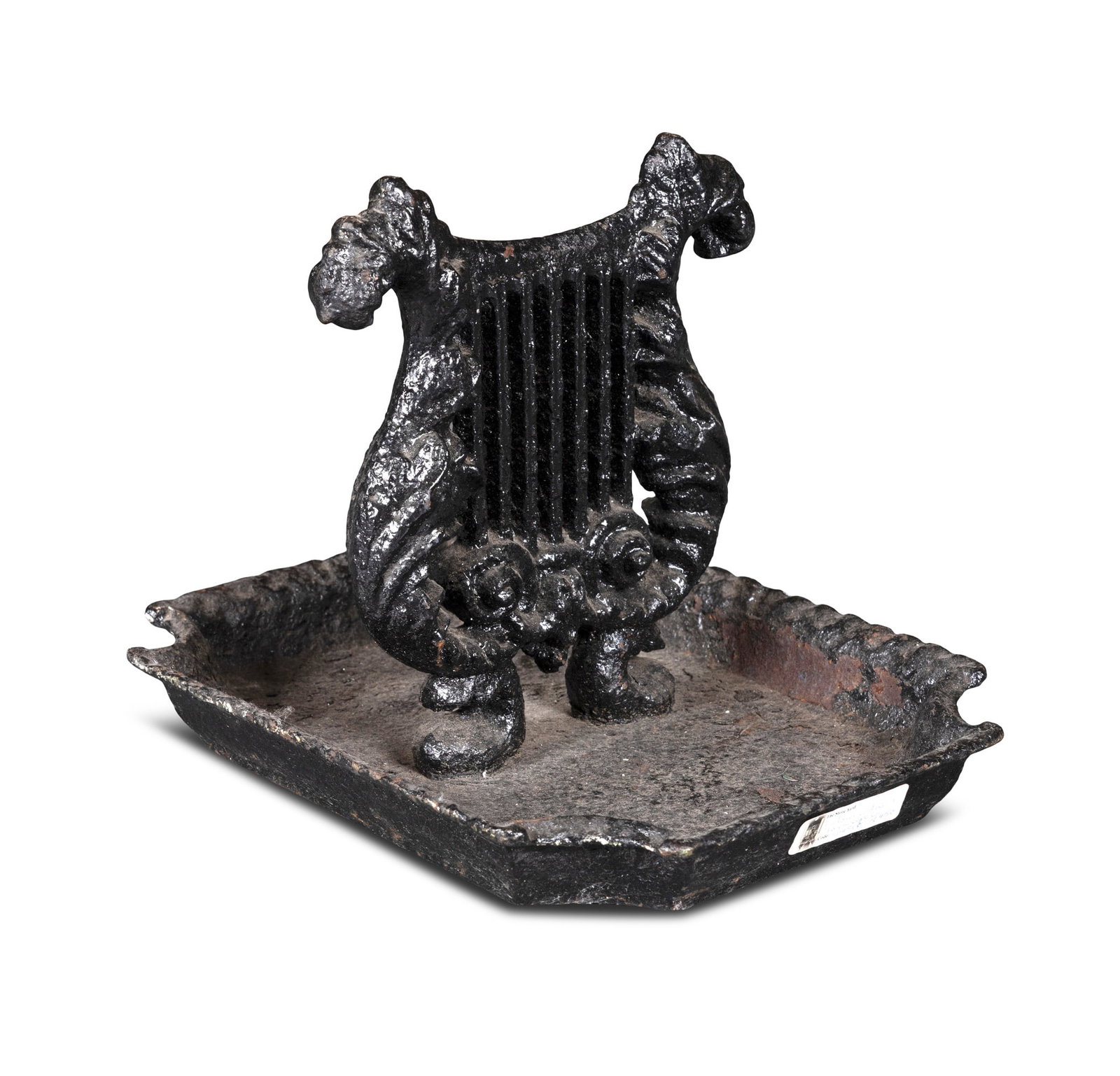 A BLACK PAINTED CAST IRON BOOT SCRAPER, in the form of a lyre with a shaped rectangular pan. 28cm (1 of 3)